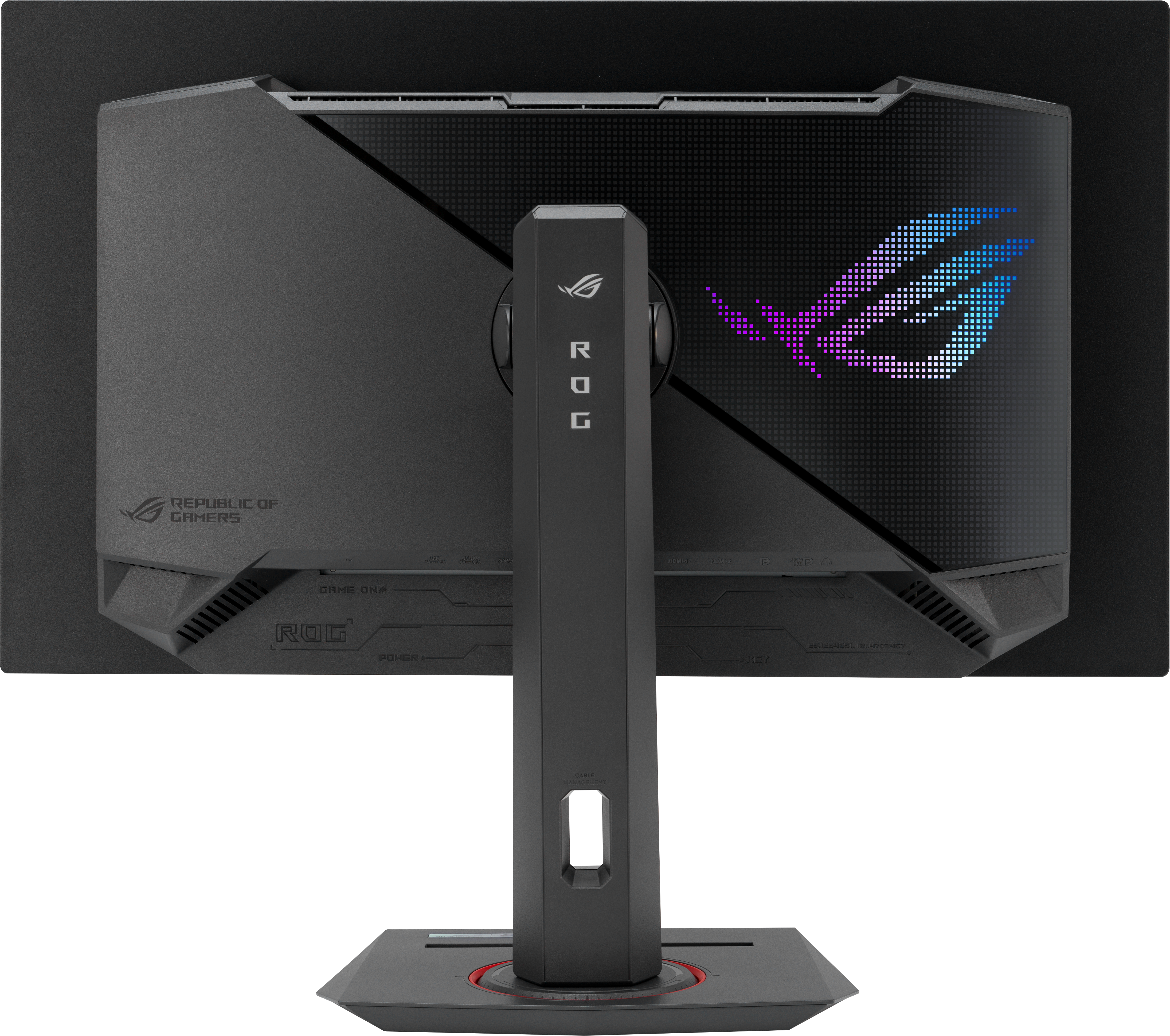 La parte posteriore di un monitor con il logo Republic of Gamers. Il supporto e la base sono visibili.