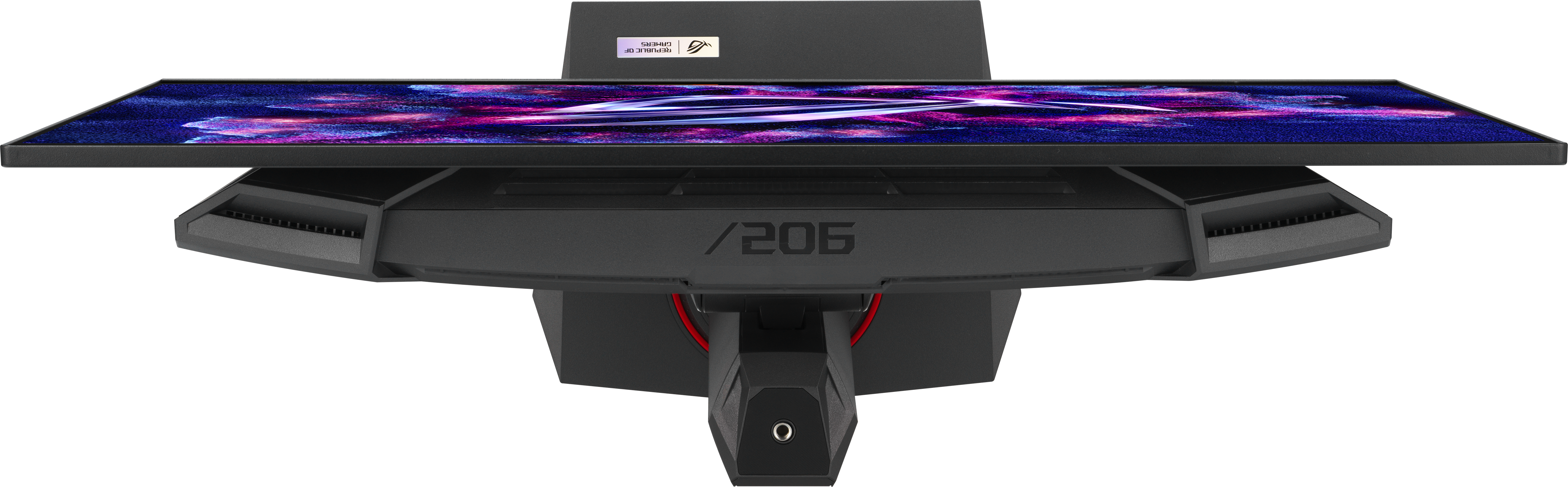 Vista dall'alto di un monitor da gioco nero con supporto. Lo schermo mostra un motivo digitale colorato.
