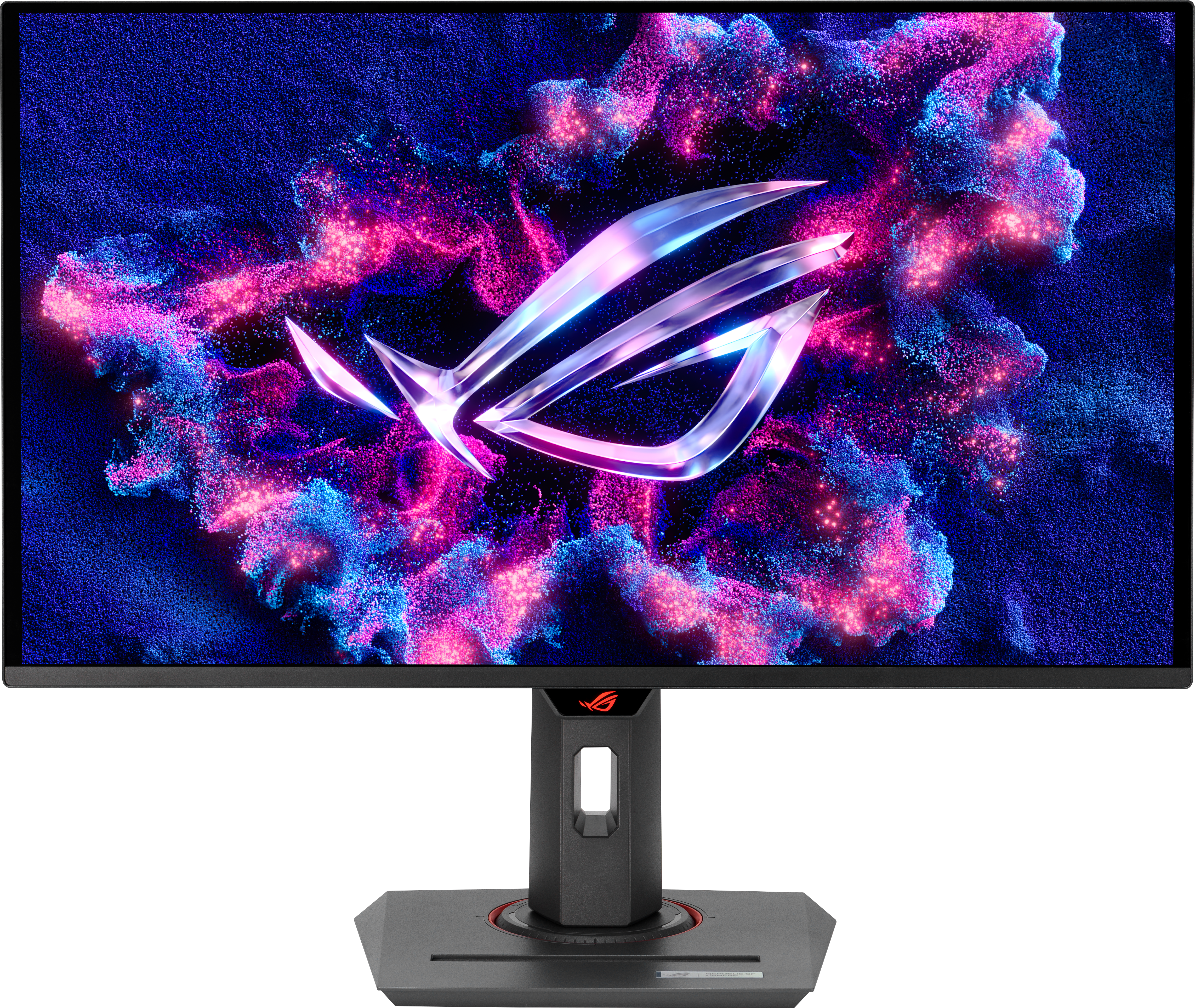 Monitor nero con logo ROG. Visualizza uno sfondo astratto colorato con un logo al centro.