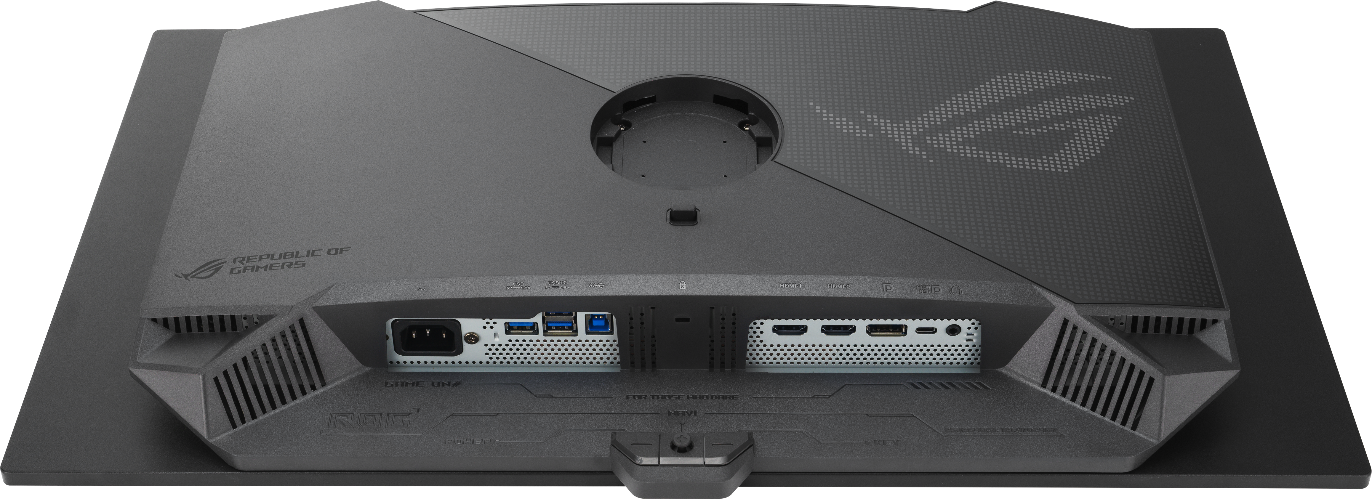 Retro di un monitor nero con porte. Presenta un logo ROG e diverse porte di connessione.