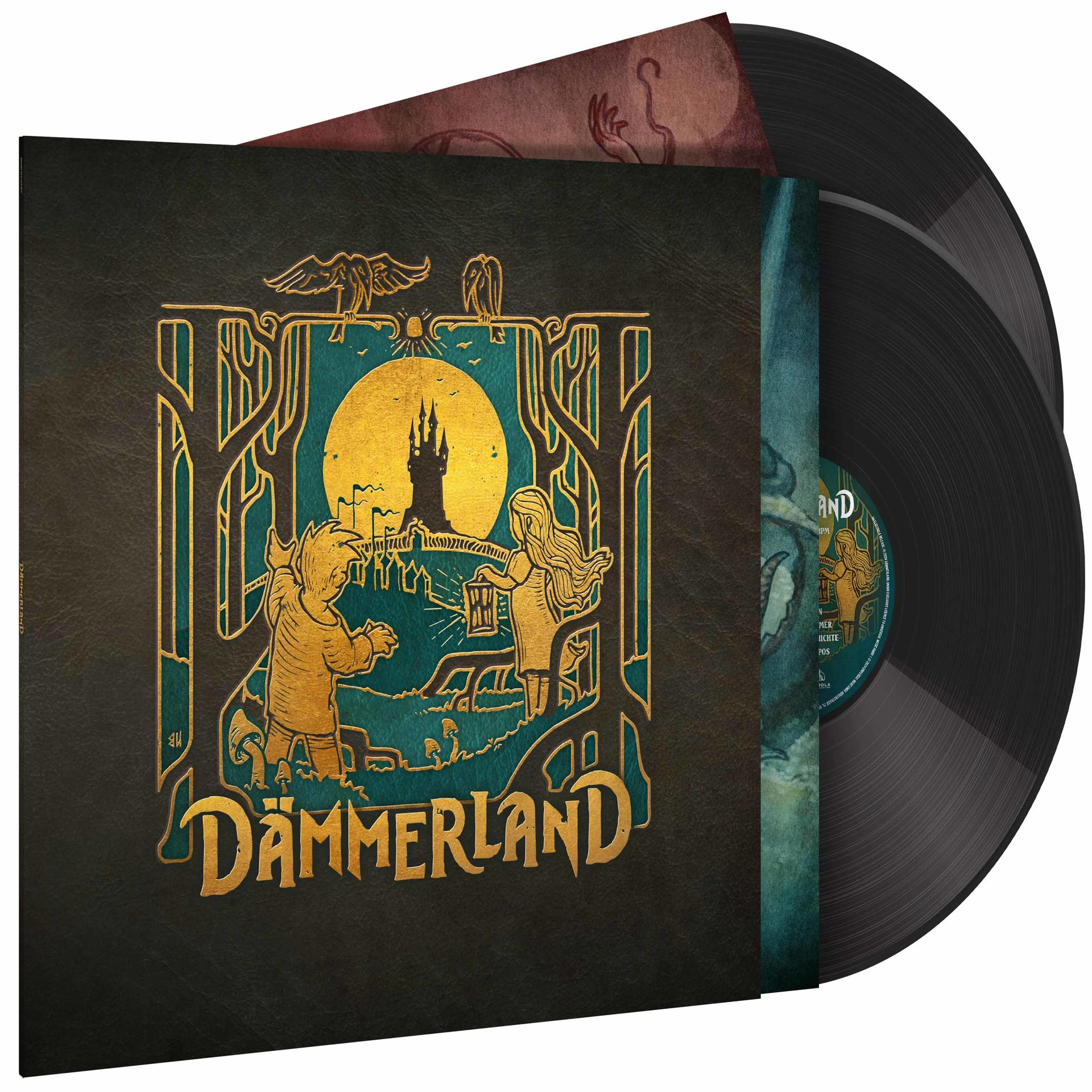 Albumcover mit einer Zeichnung mit einer Burg, zwei Figuren und zwei Schallplatten.