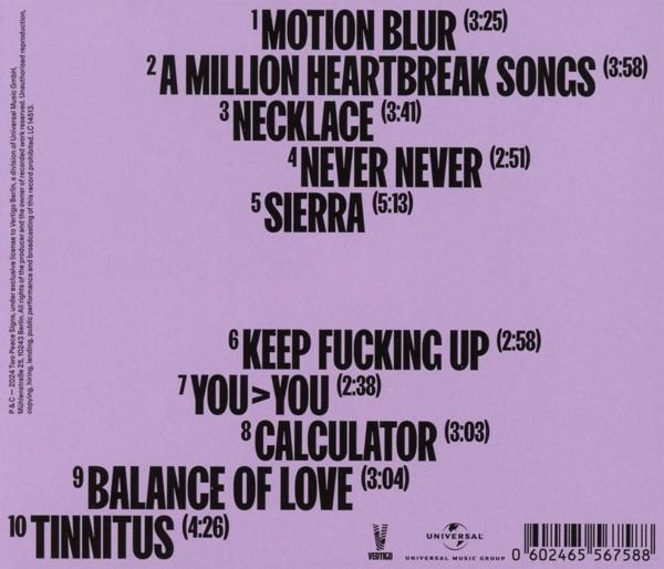 Albumcover mit Titelliste, lila Hintergrund und Text.