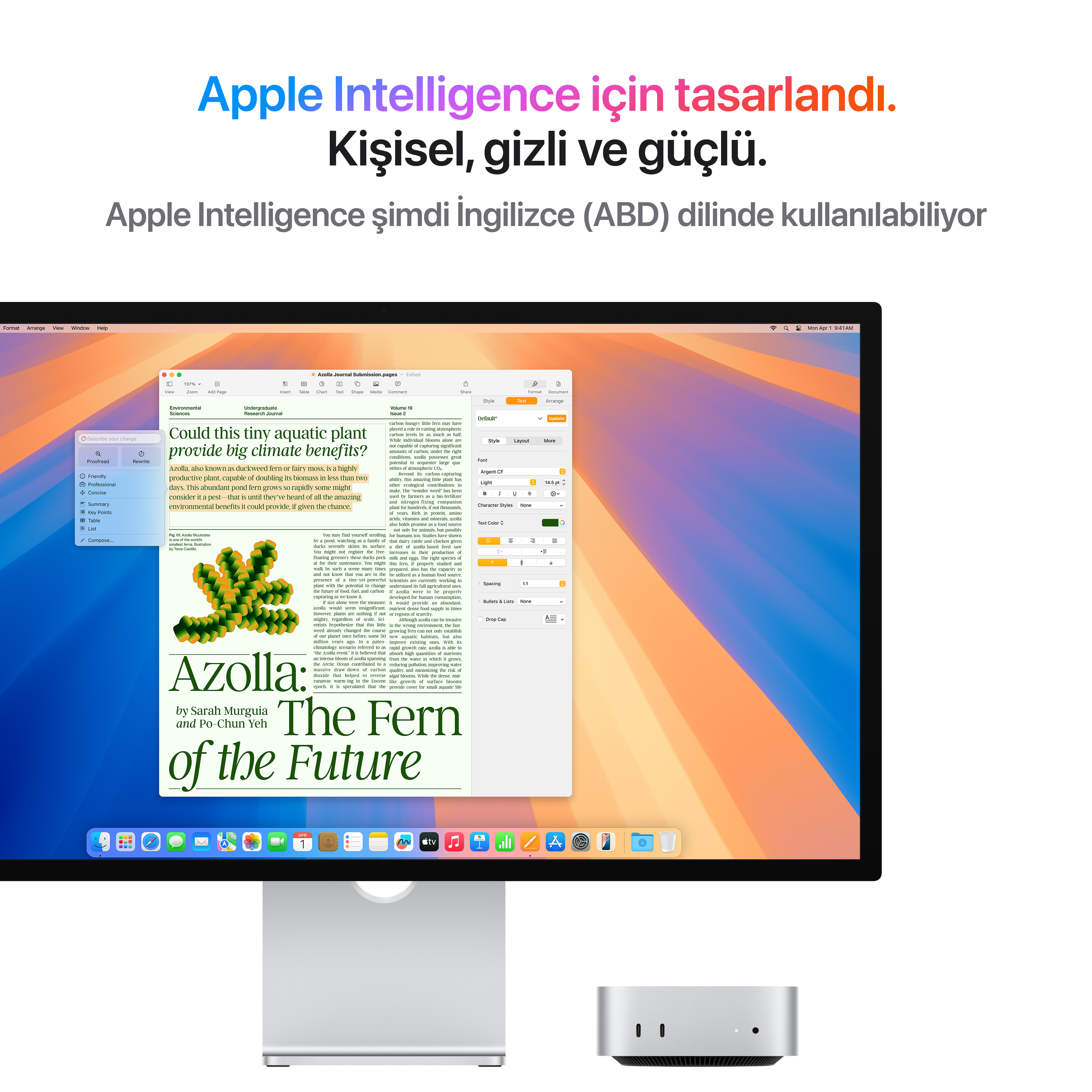 Bir uygulama gösteren bir bilgisayar ekranı, bir Apple Mini ve bir monitör ile.