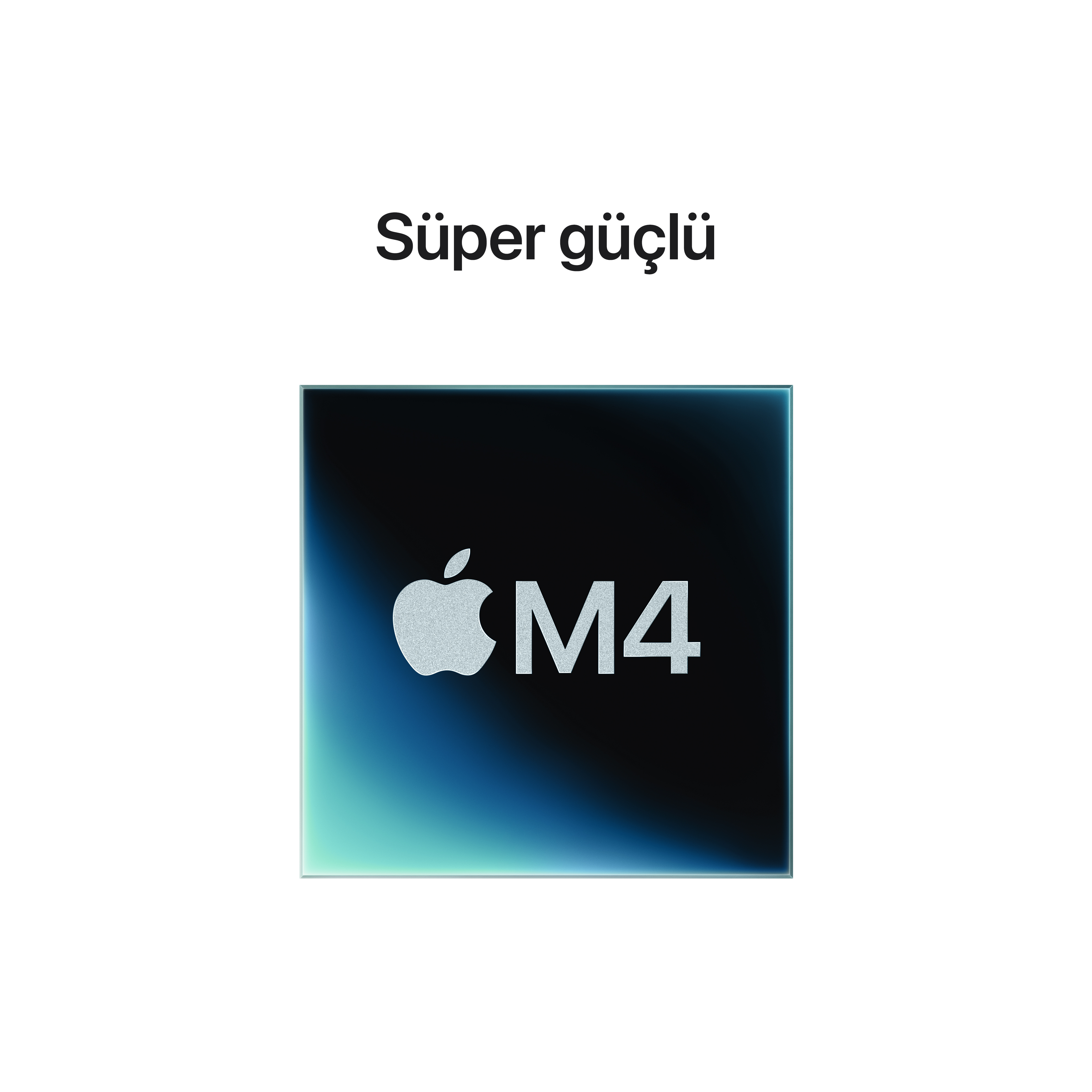 Apple logosu ile mavi-yeşil gradyan arka plan üzerinde Apple M4 çipi.