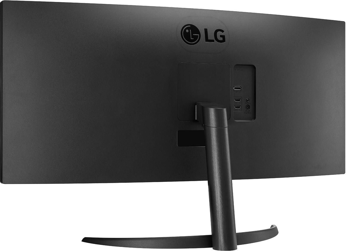 Rückansicht eines schwarzen Computermonitors mit dem LG-Logo und Anschlüssen.