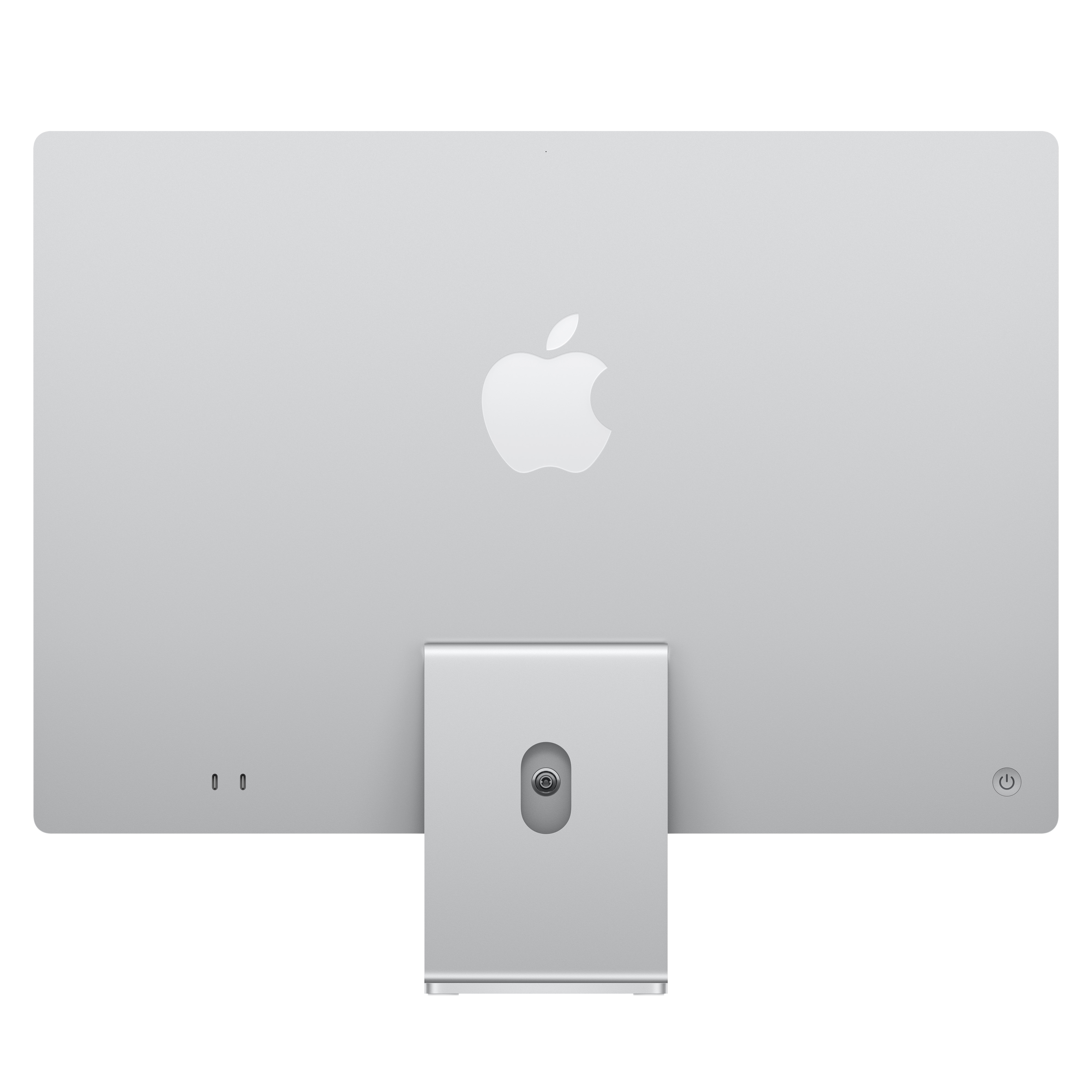 Gümüş bir Apple ekranının arkası. Apple logosu ortalanmış, altta bir stand ve bağlantı noktaları var.