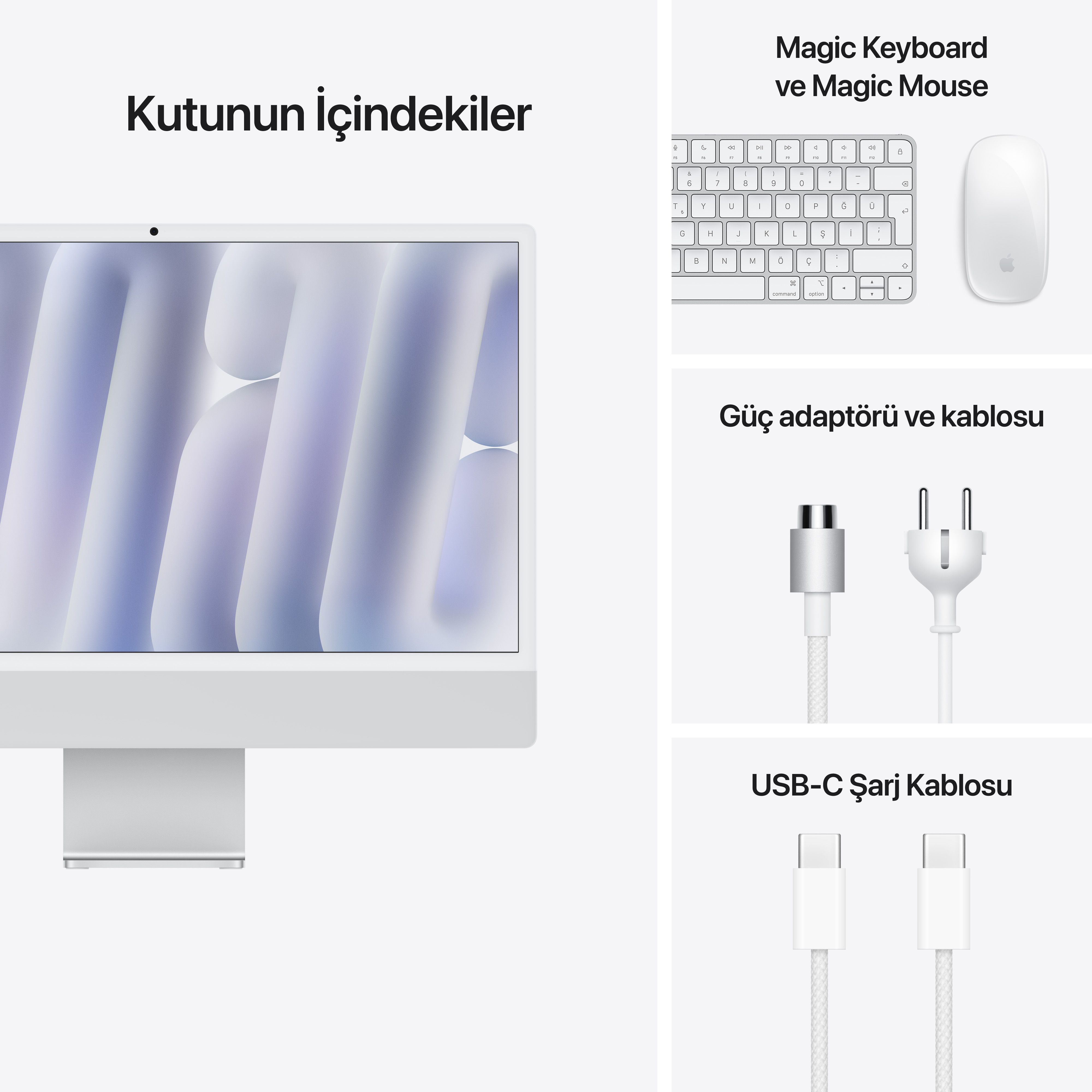 Beyaz bir iMac kutusunun içeriği: iMac, klavye, fare, güç adaptörü ve USB-C kablosu.