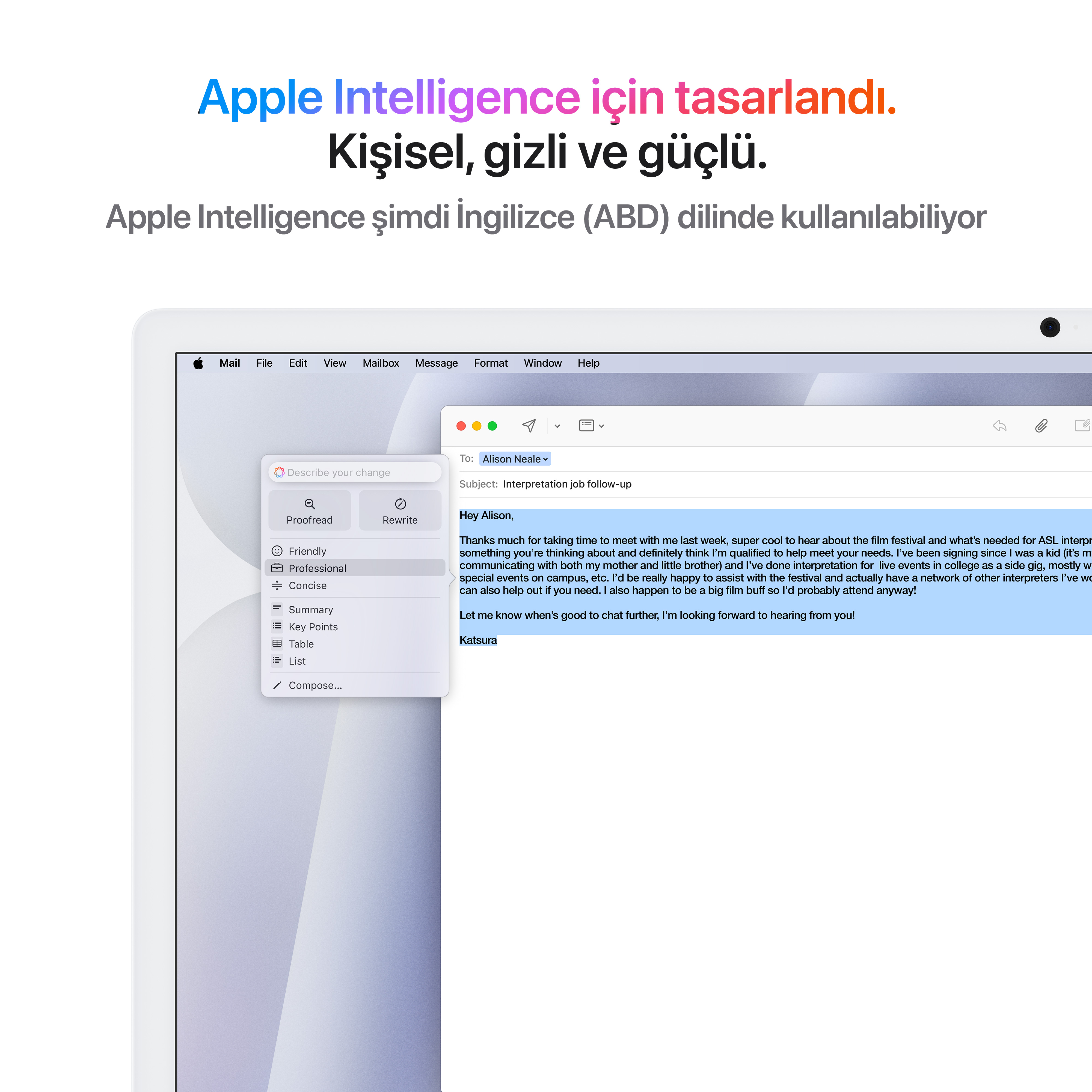 Bir MacBook ekranı, bir e-posta taslağı gösteriyor. Metin şöyle yazıyor: Apple Intelligence. Kişisel, özel, güçlü.