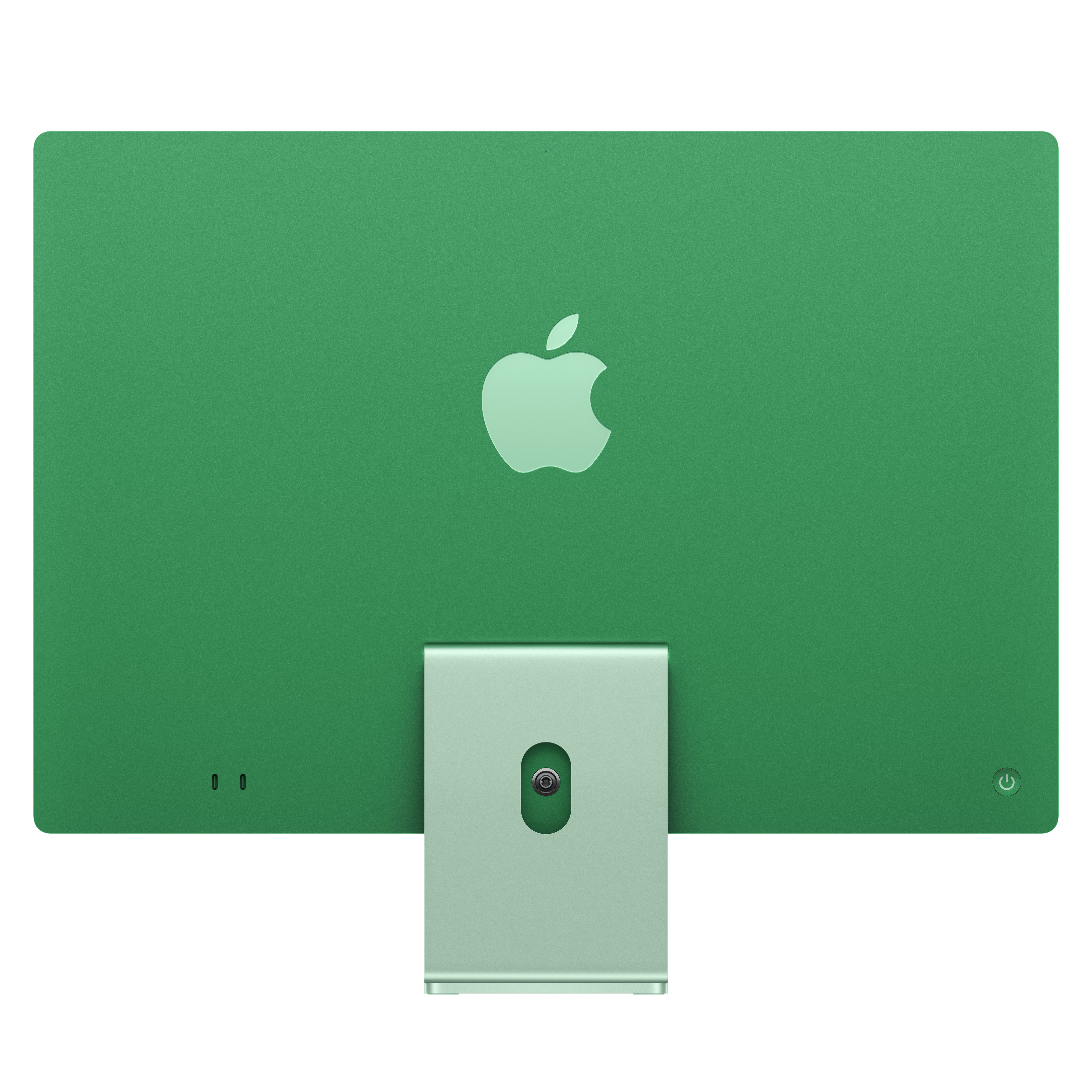 Yeşil iMac'in arka görünümü. Apple logosu, stand ve portlar. Açık yeşil renk.