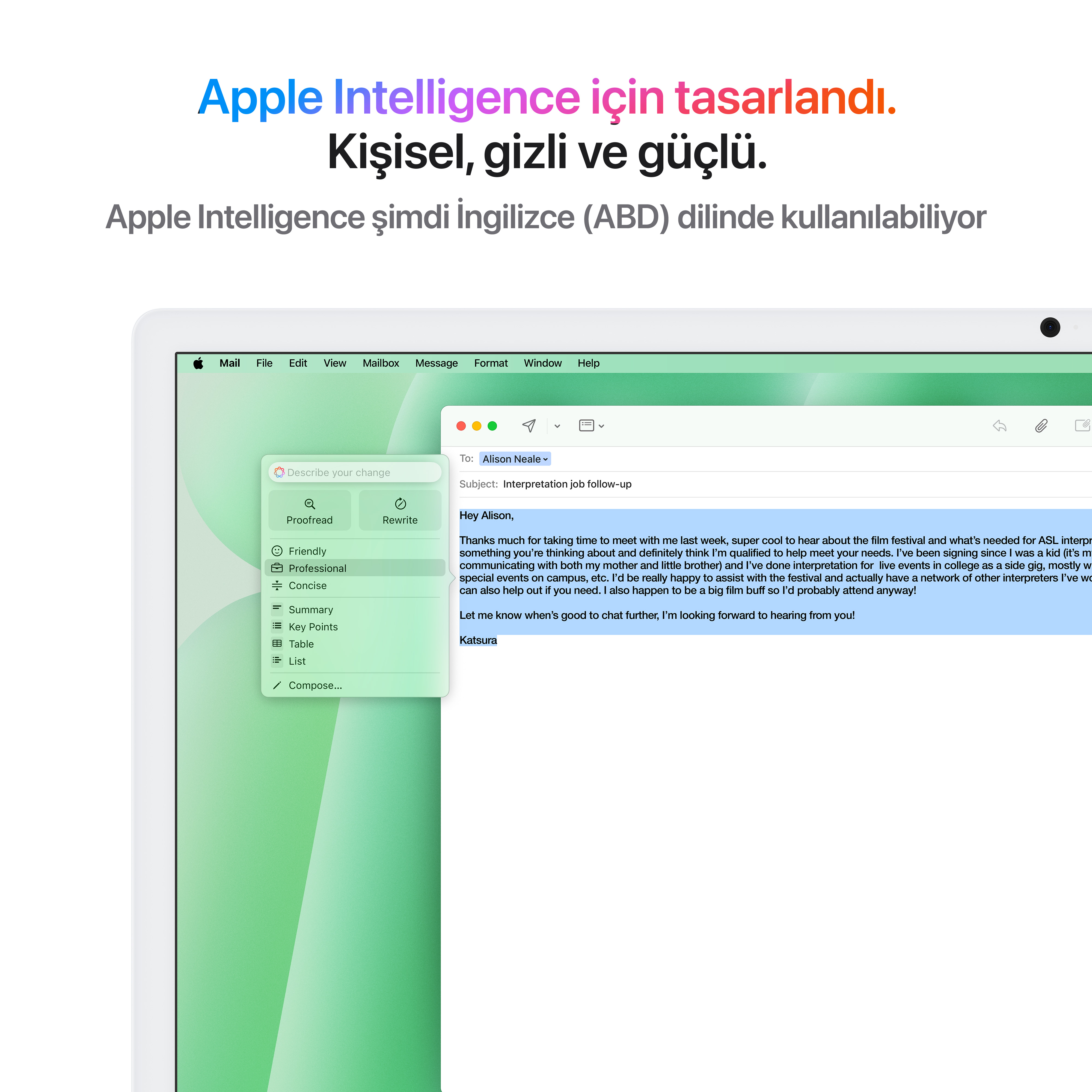 Açık bir e-postayla bir dizüstü bilgisayar ekranı. Metin şöyle diyor: 'Apple Intelligence for designed. Personal, private'.