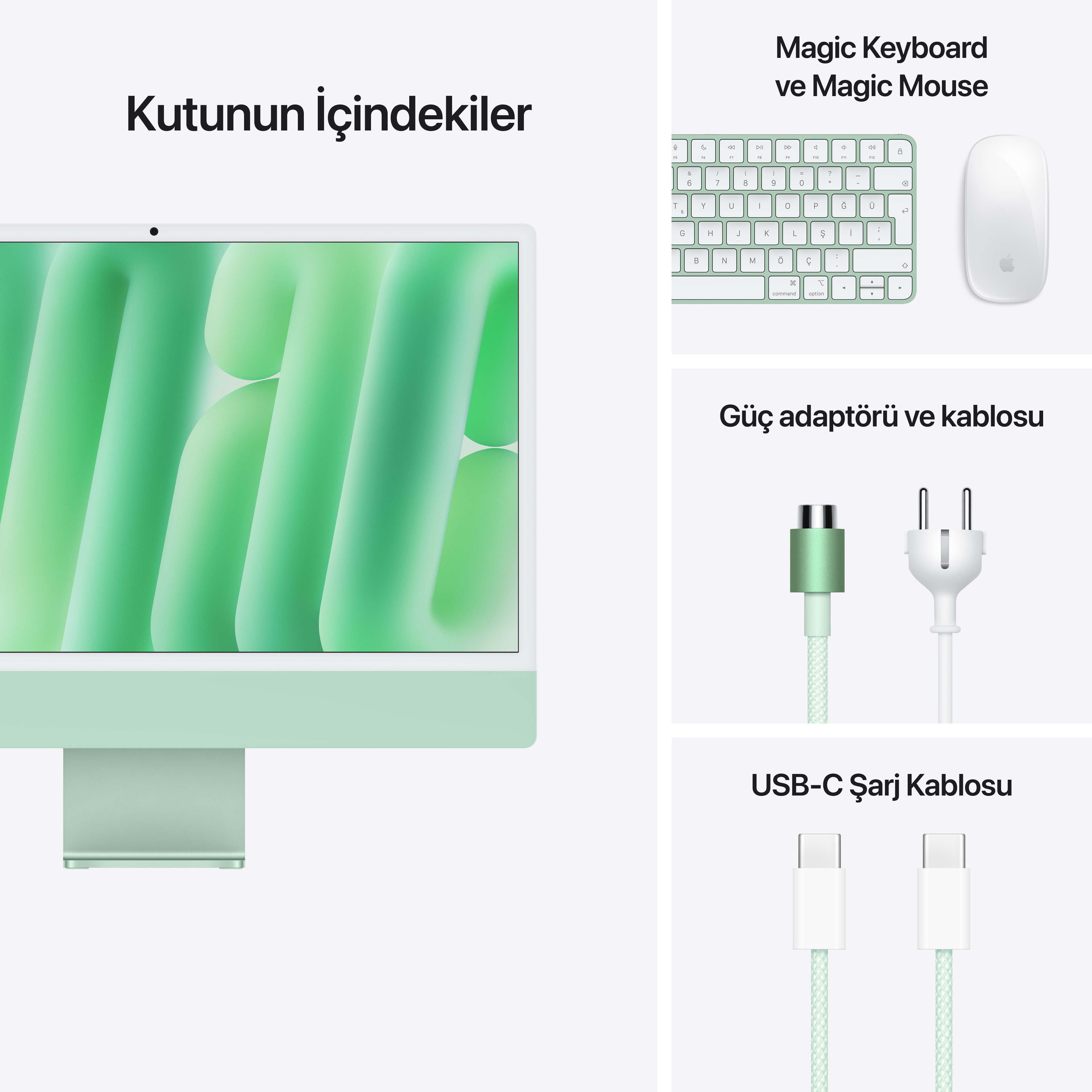 Klavye, fare ve şarj cihazı ile yeşil iMac.