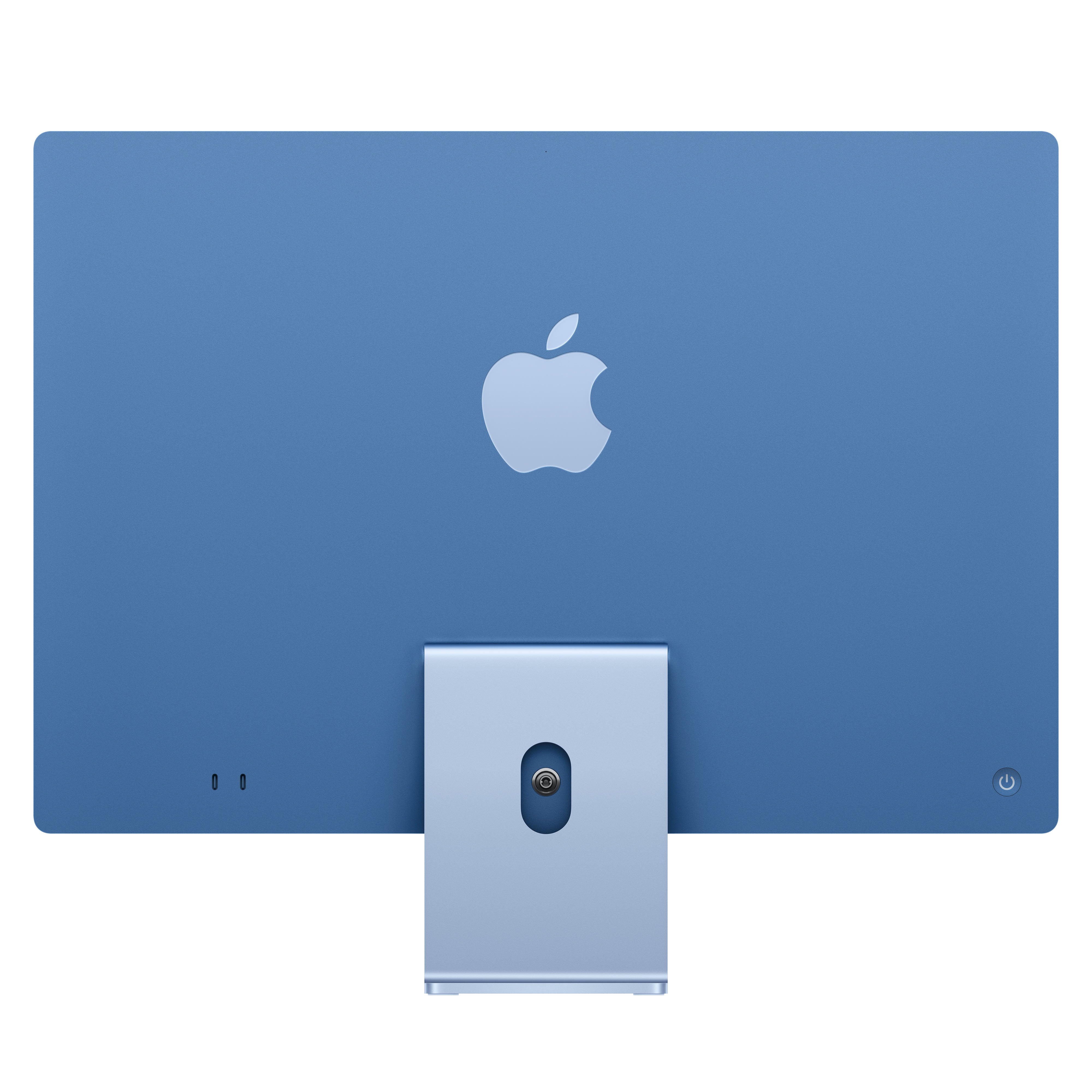 Mavi bir iMac'in arkası. Apple logosu ortada, gümüş stand ve altta bağlantı noktaları.