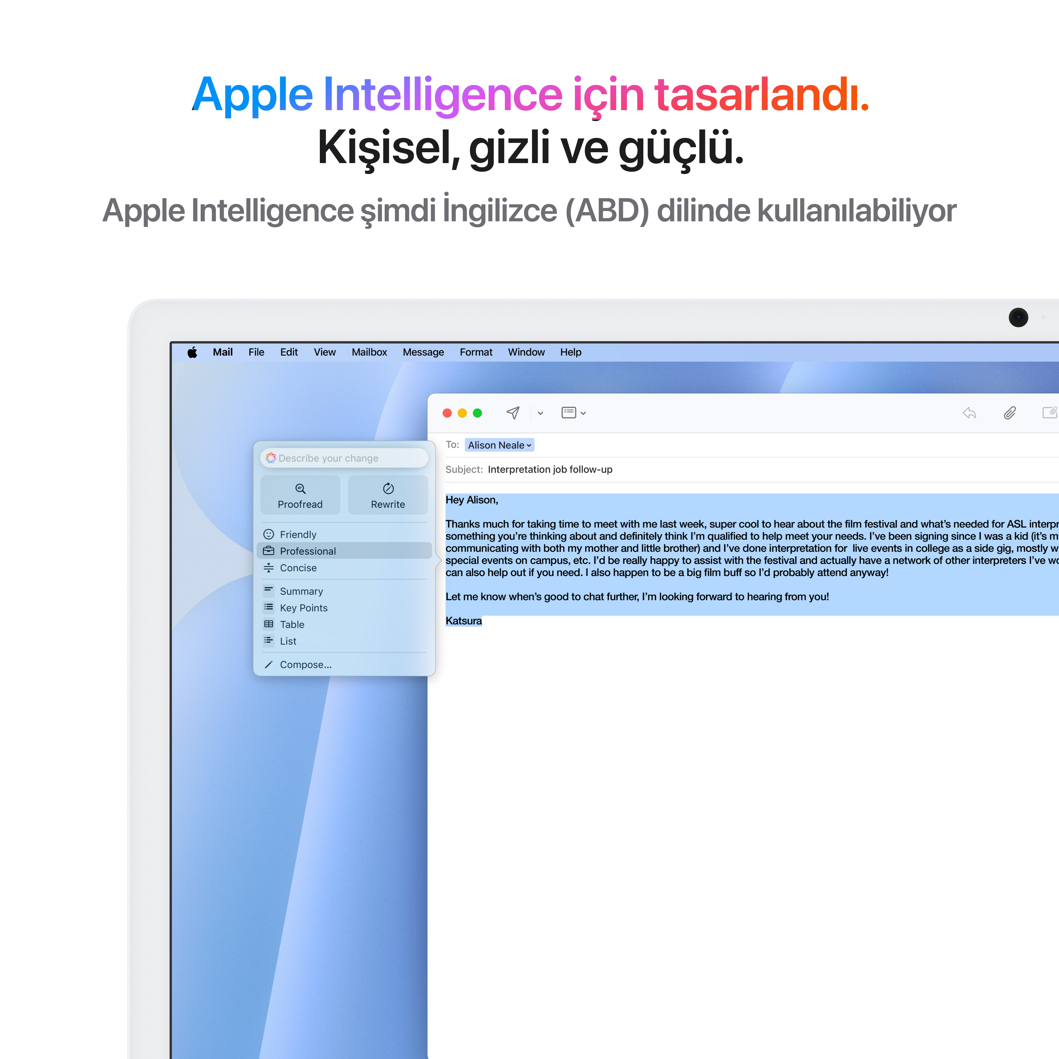 Bir dizüstü bilgisayar ekranı, bir e-posta taslağını gösteriyor. Metin Türkçe. Apple Intelligence tema.