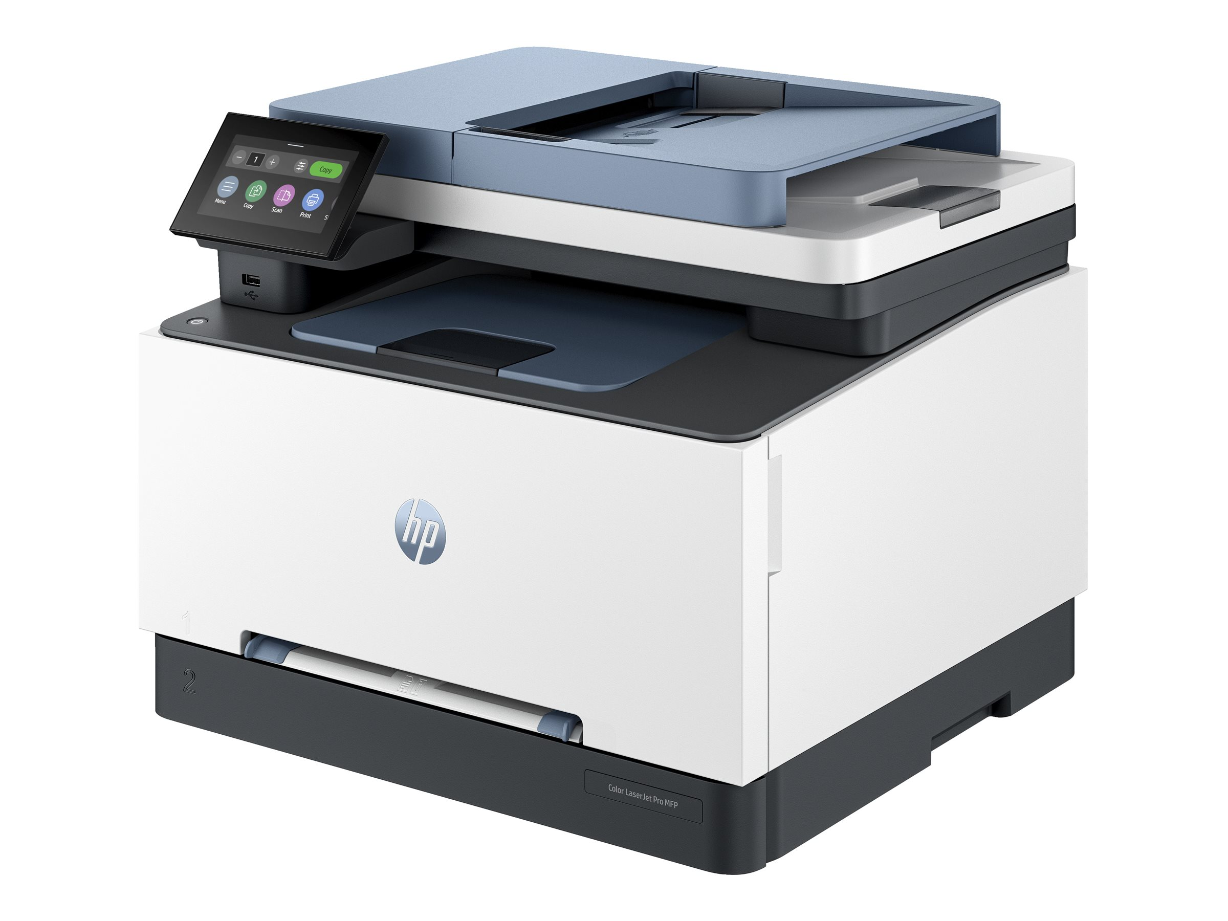 Weiß-blauer HP-Drucker, Schrägansicht. Touchscreen, Papierfach und Logo sichtbar.