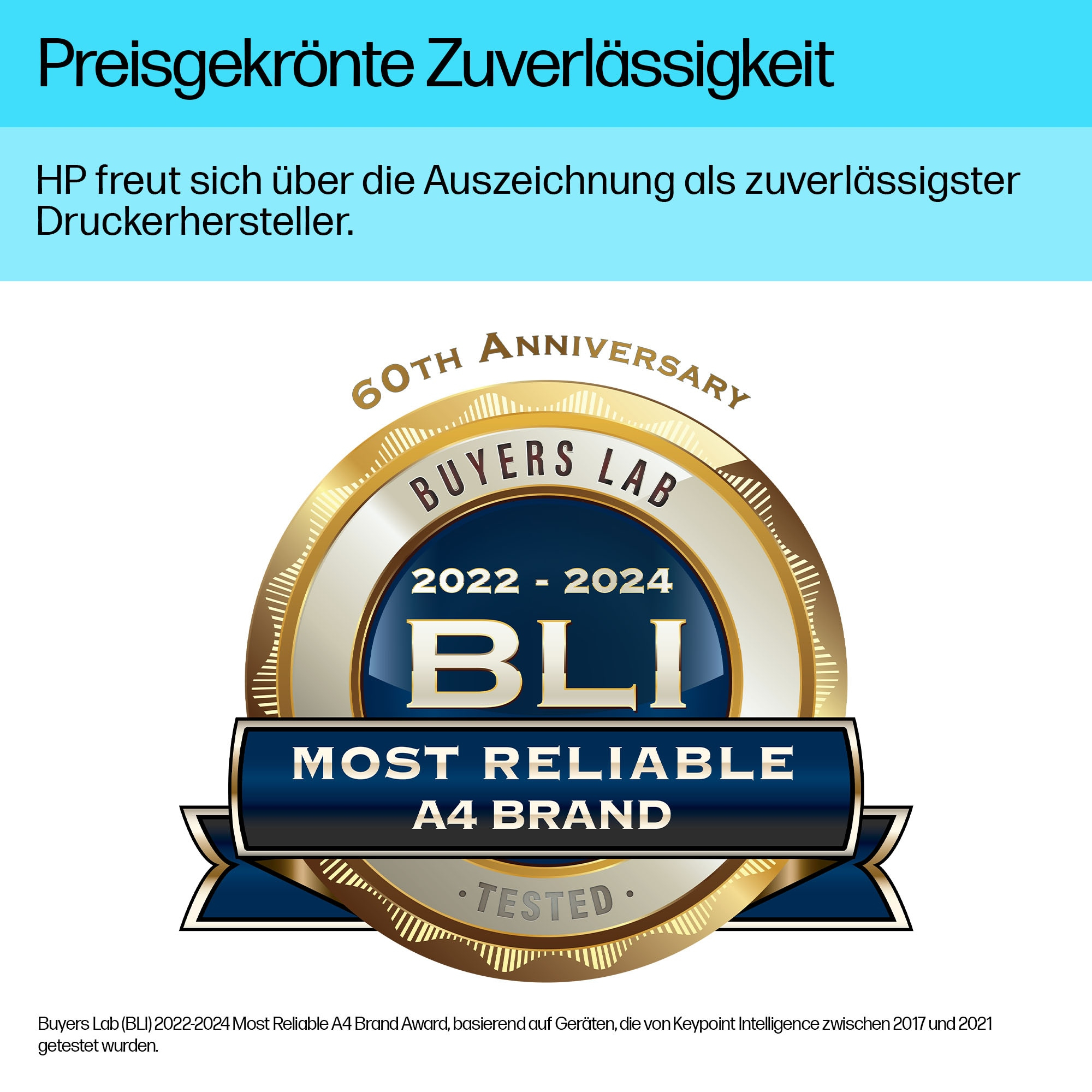 Eine Auszeichnung für HP als zuverlässigste Druckermarke, mit einem Gold- und Blau-Design.