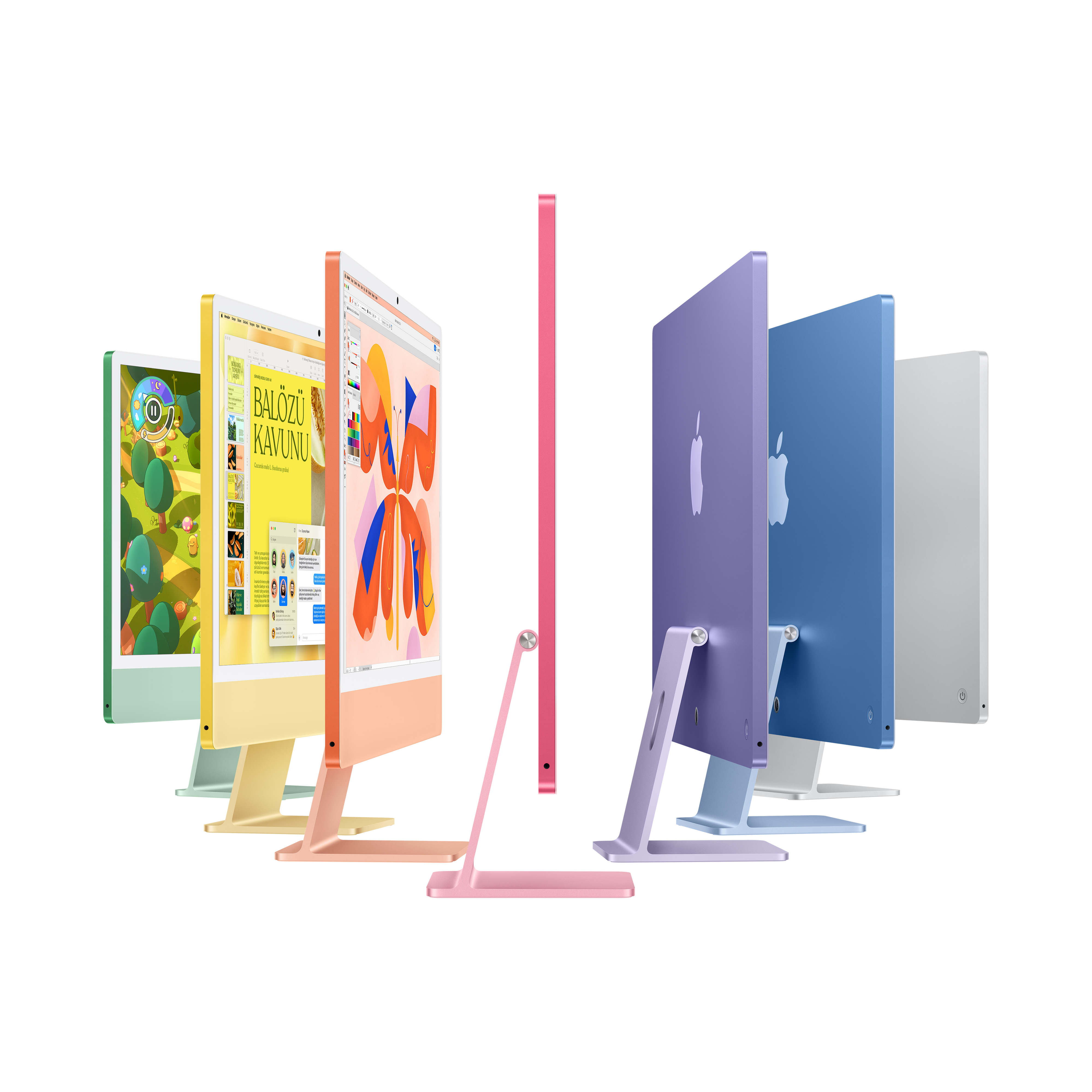 Çember şeklinde birden fazla iMac, çeşitli renklerde, beyaz arka planlı.