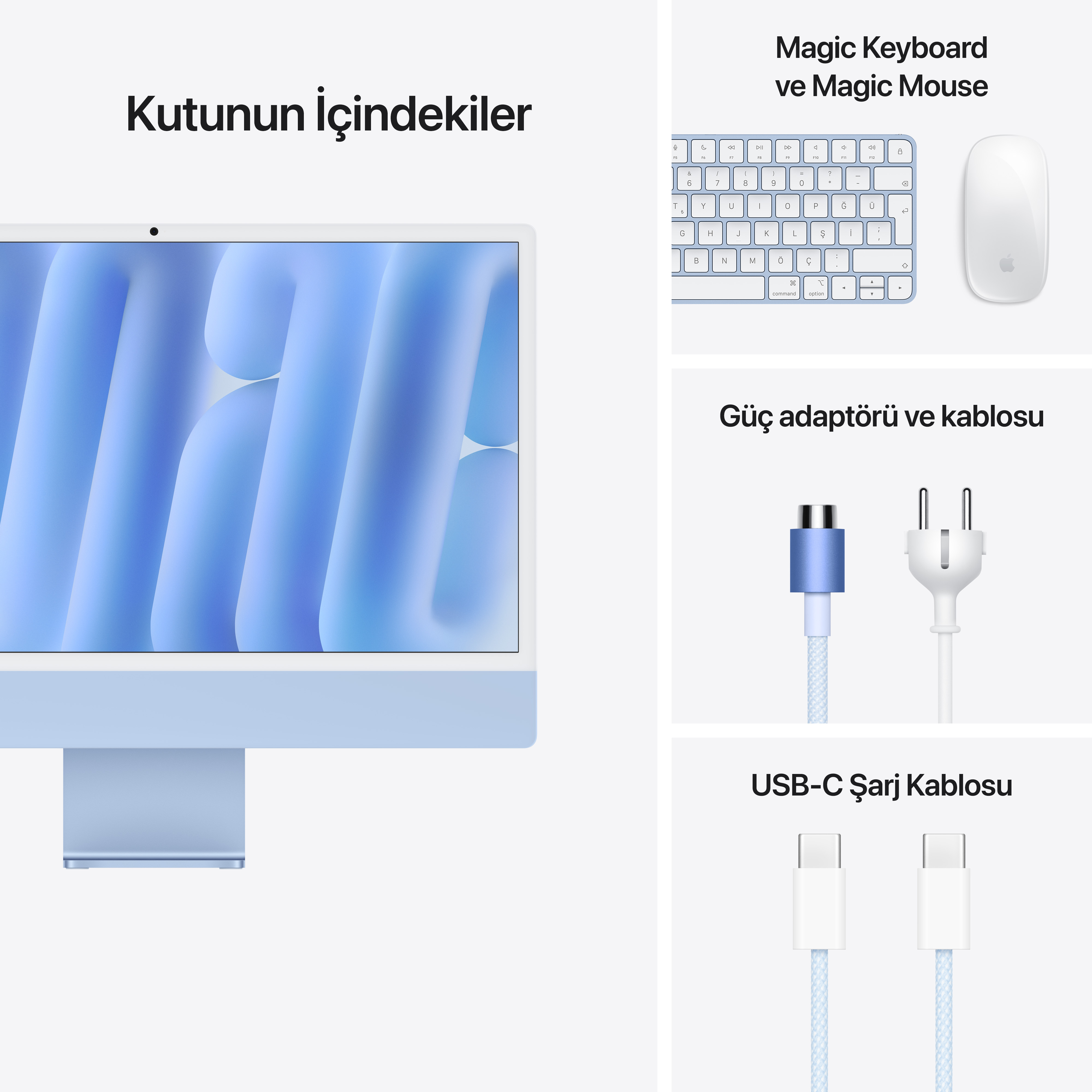 Klavye, fare ve şarj kabloları dahil aksesuarları olan bir iMac bilgisayar.