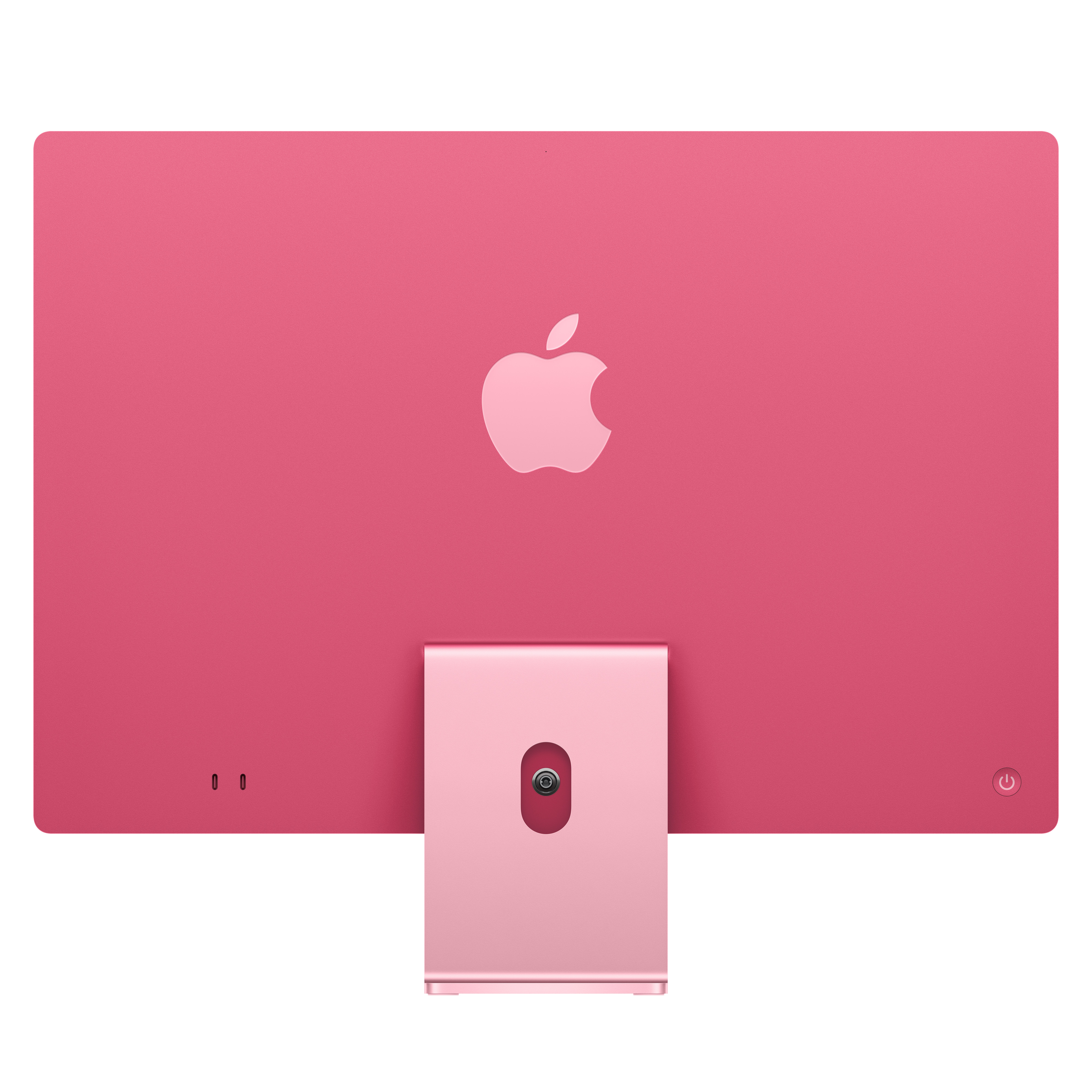 Apple logolu pembe iMac'in arkası, stand ve güç düğmesi, beyaz zemin.