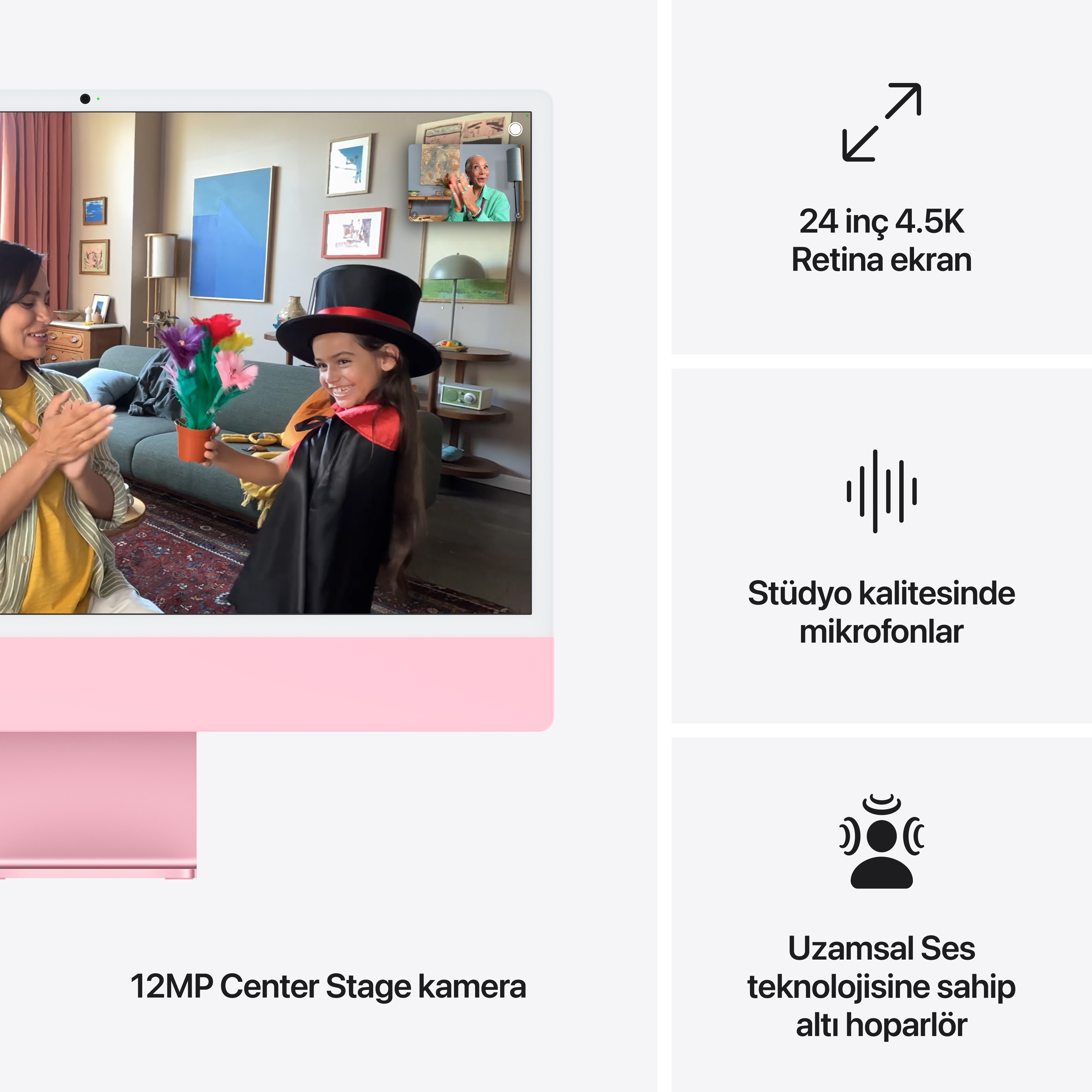 Pembe iMac, bir video görüşmesi ve çiçek tutan bir çocuk gösteriyor, grafiksel simgelerle.
