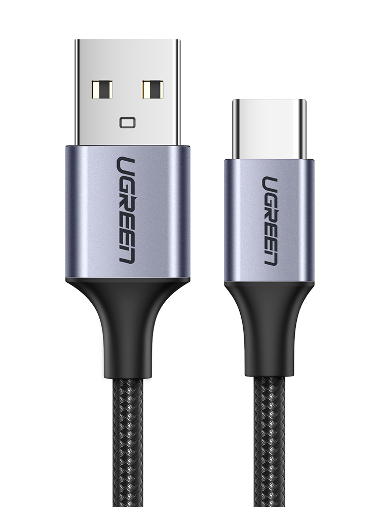 Gri ve siyah detaylara sahip, UGREEN logolu bir USB-A - USB-C kablosu.