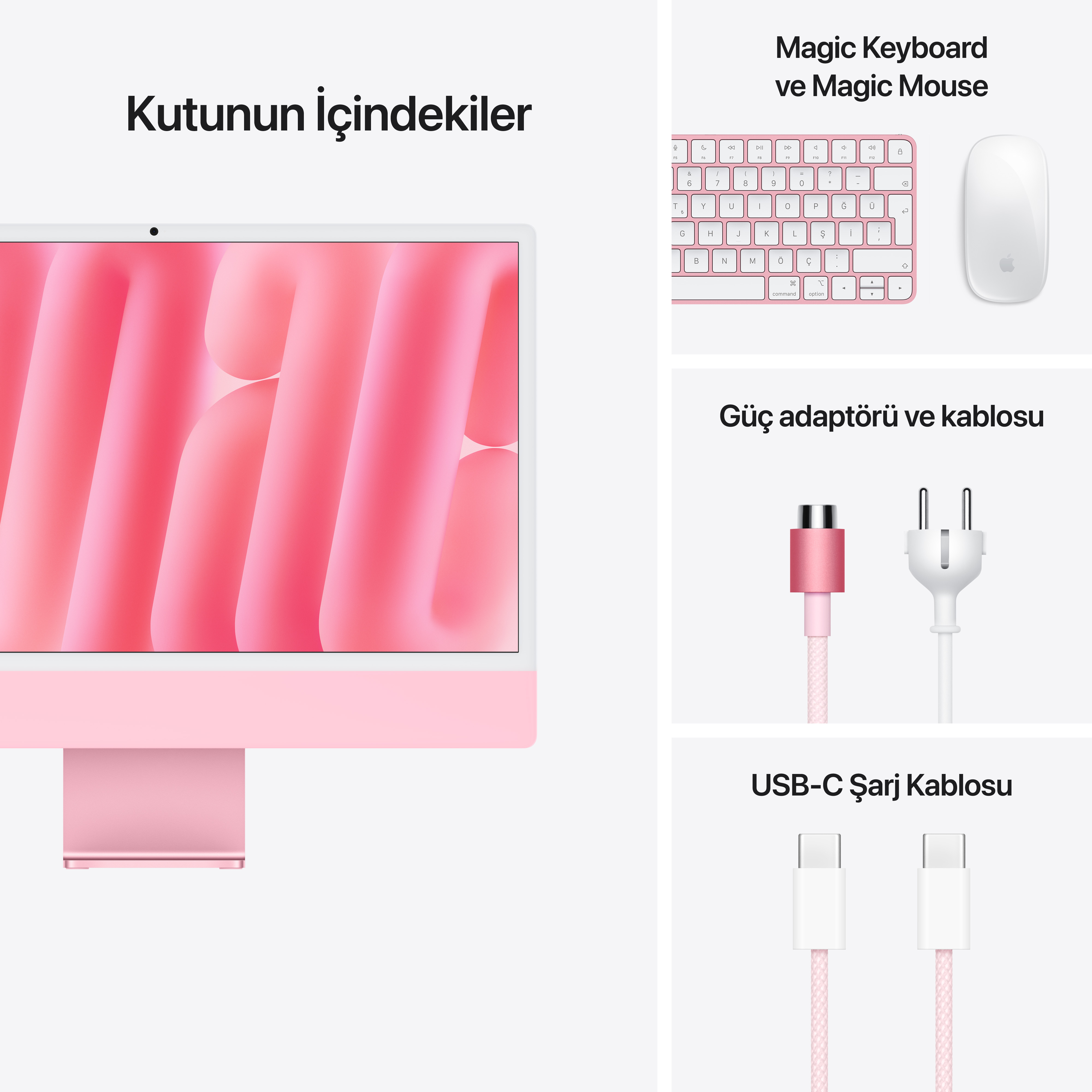 Pembe iMac ve aksesuarları: klavye, fare, güç adaptörü ve şarj kablosu.
