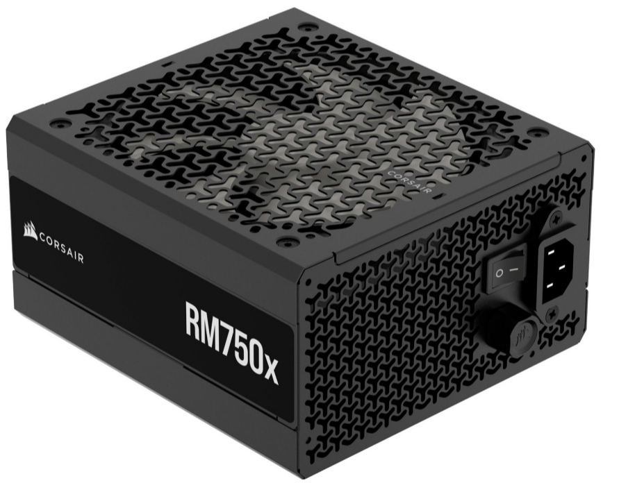 Schwarzes Corsair RM750x Netzteil mit Mesh-Design und Branding.