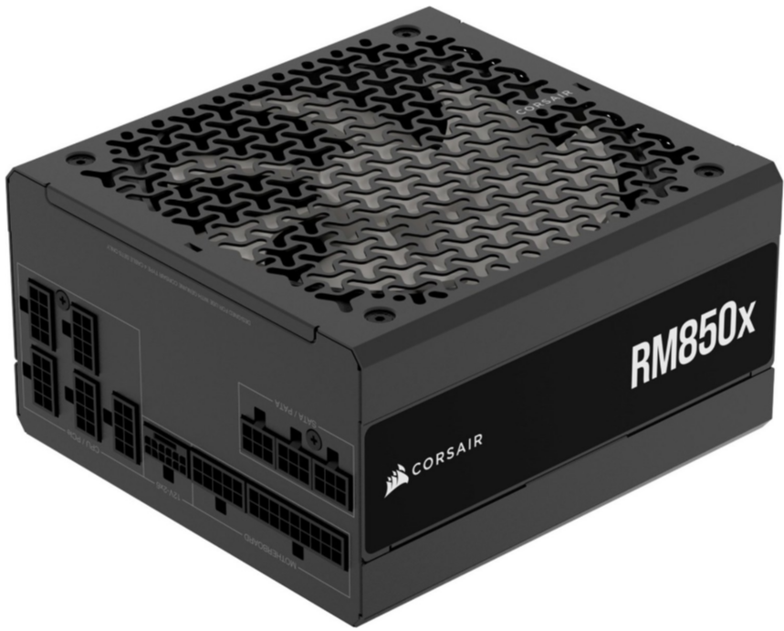 Schwarzes Corsair RM850x Netzteil. Hat Belüftung und verschiedene Anschlüsse.