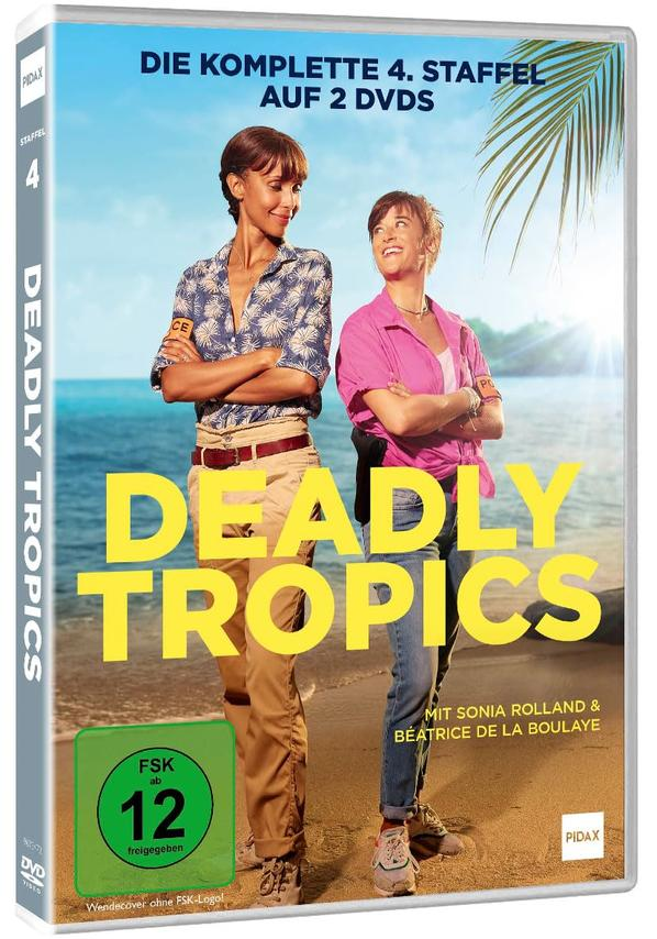Eine DVD-Hülle mit zwei Frauen auf dem Cover, dem Titel 'Deadly Tropics' und einer Bewertung.