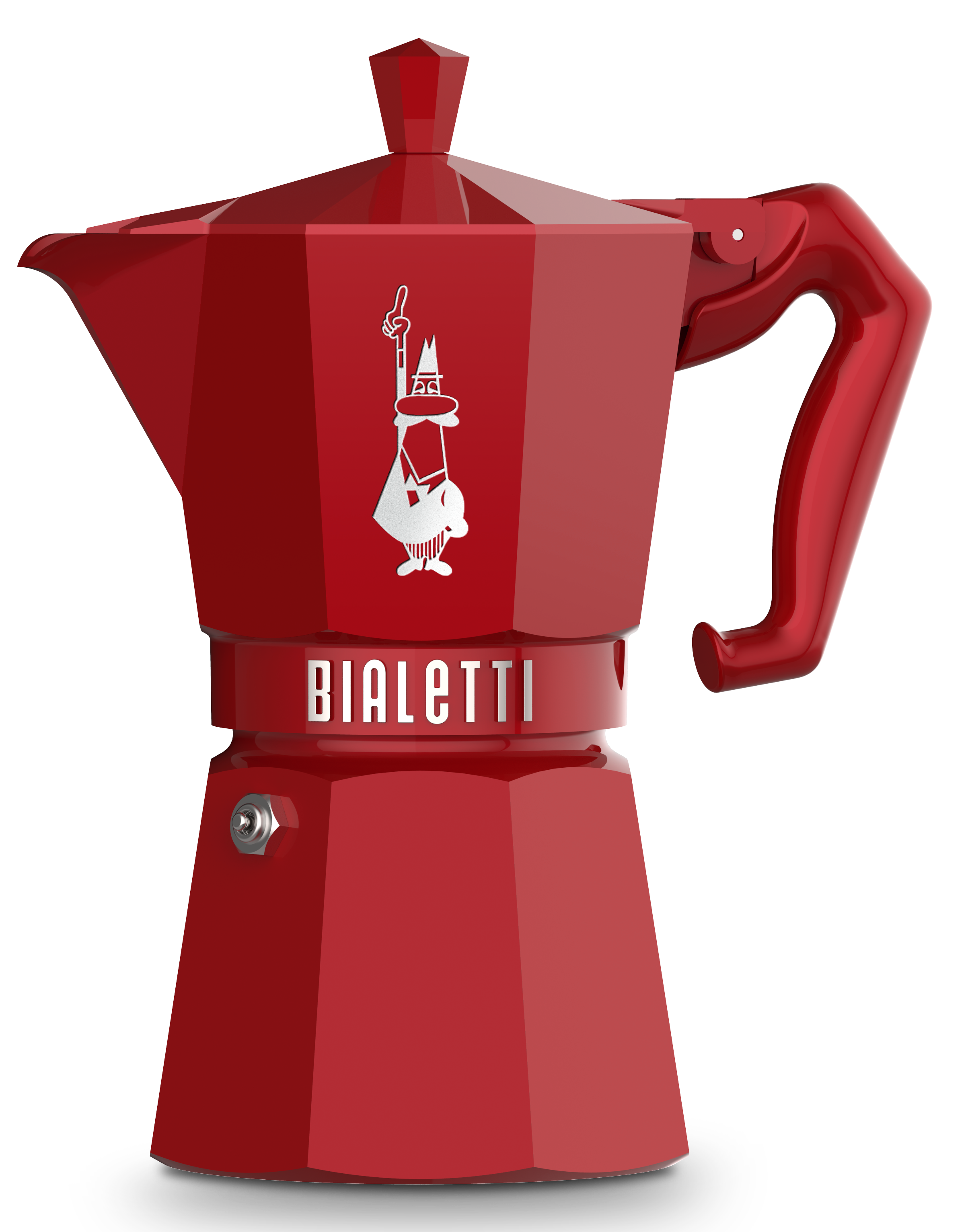 Rote Bialetti Moka-Kanne, ein Espressokocher für den Herd mit weißem Logo und Griff.