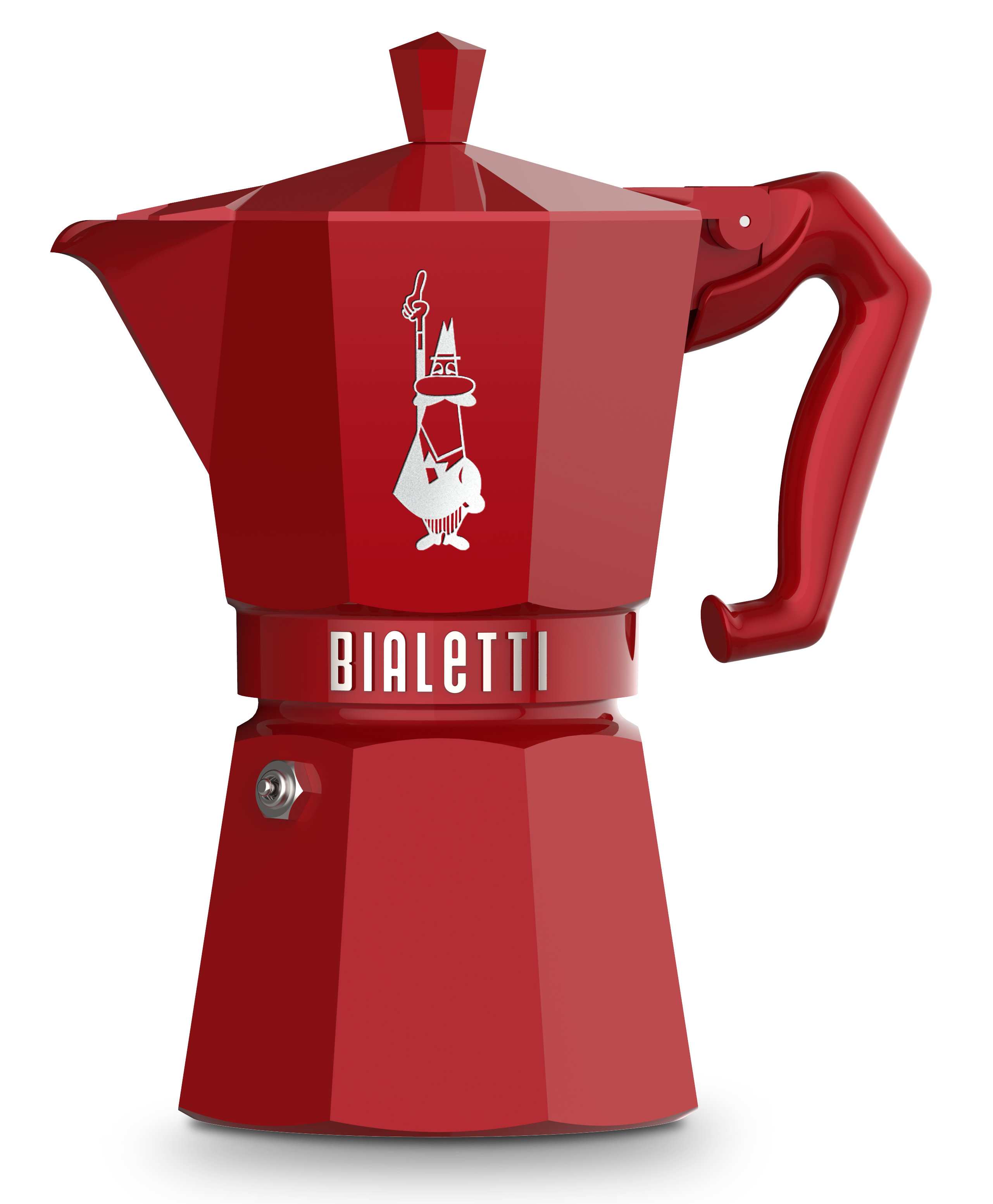 Rote Bialetti Moka-Kanne. Sie hat einen Griff und einen Deckel und ist rot.