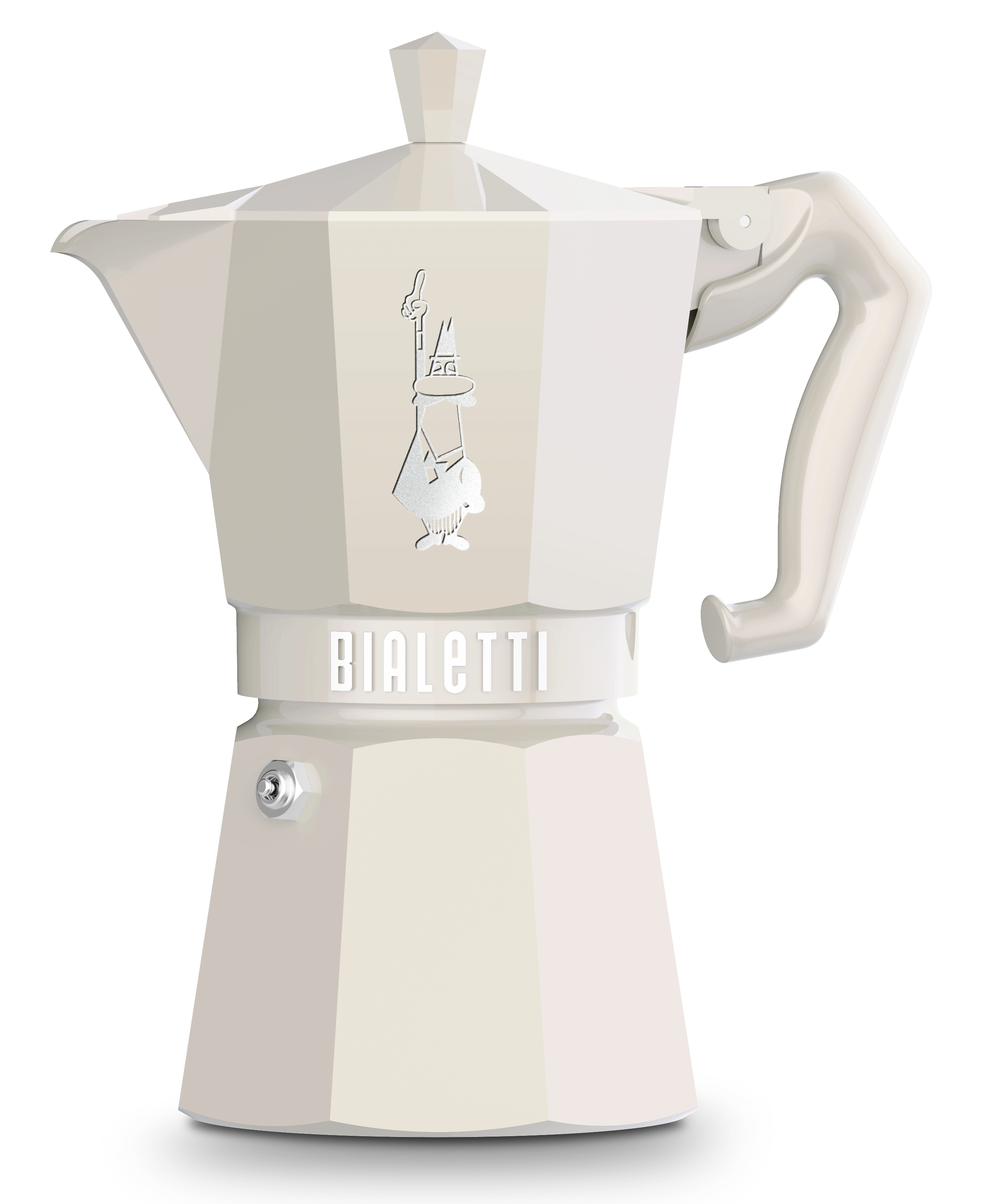 Eine weiße Bialetti Moka-Kanne. Sie hat einen weißen Griff und ein Logo an der Seite.