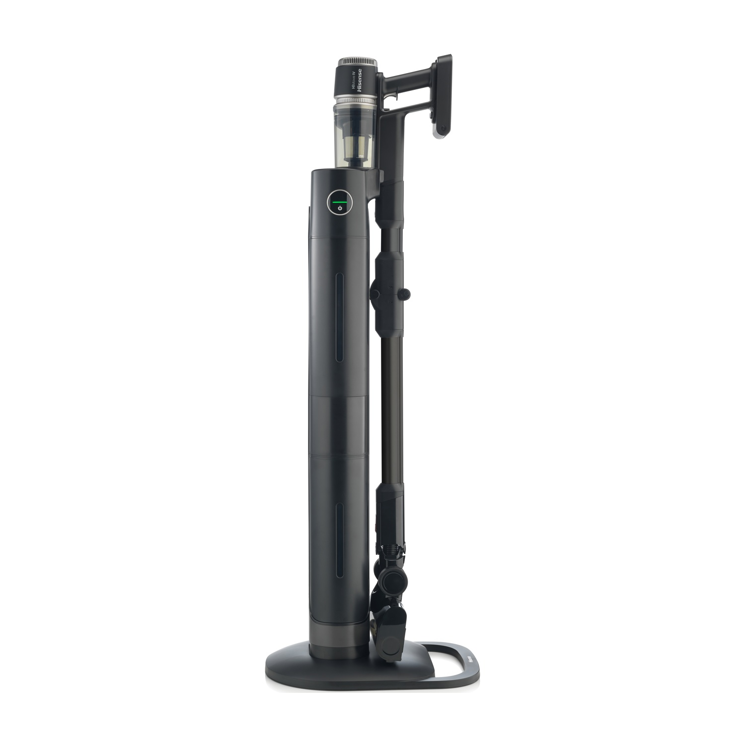 Aspirapolvere senza fili nero con supporto, design alto ed elegante, con un pulsante di accensione verde.