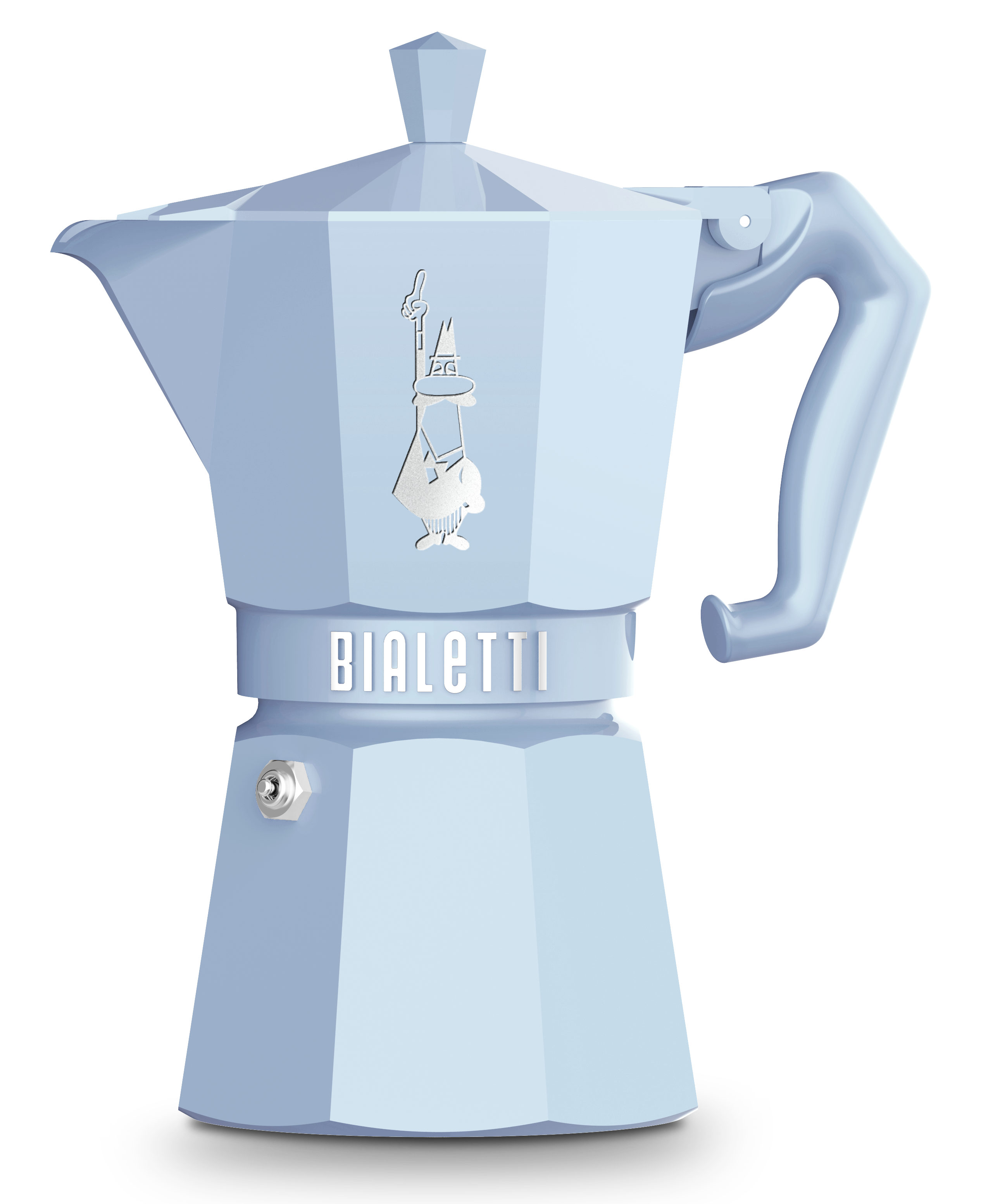 Hellblaue Bialetti Moka-Kanne. Der Topf hat einen Griff und ein silberfarbenes Sicherheitsventil.