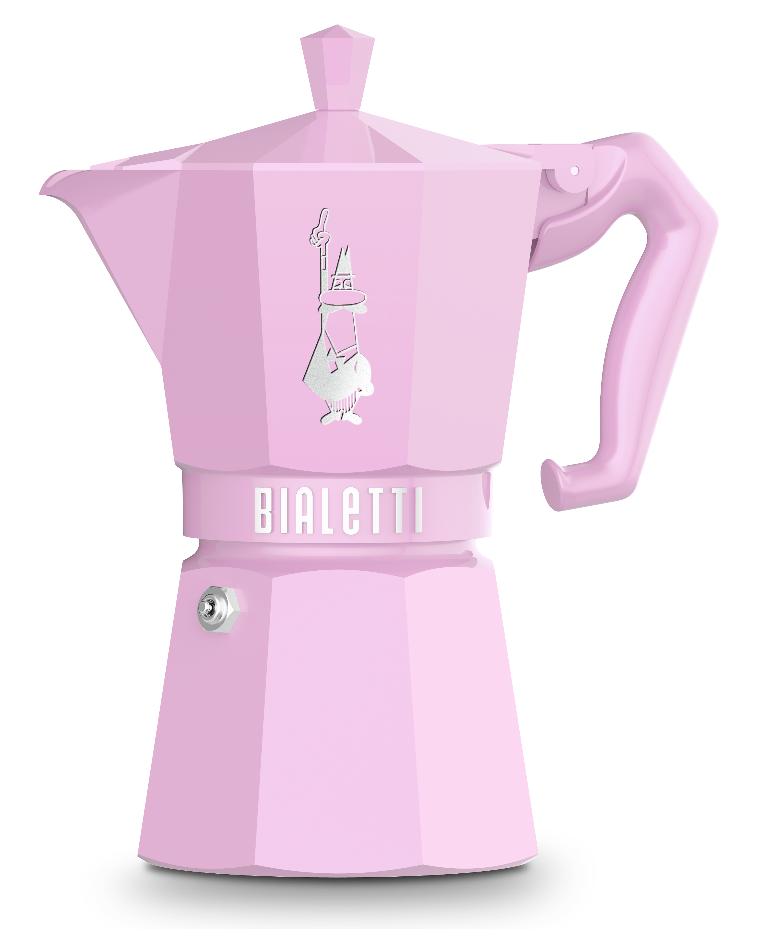Rosa Bialetti Moka-Kanne. Ikonisches Design mit Griff und Deckel. Silbernes Bialetti-Logo.