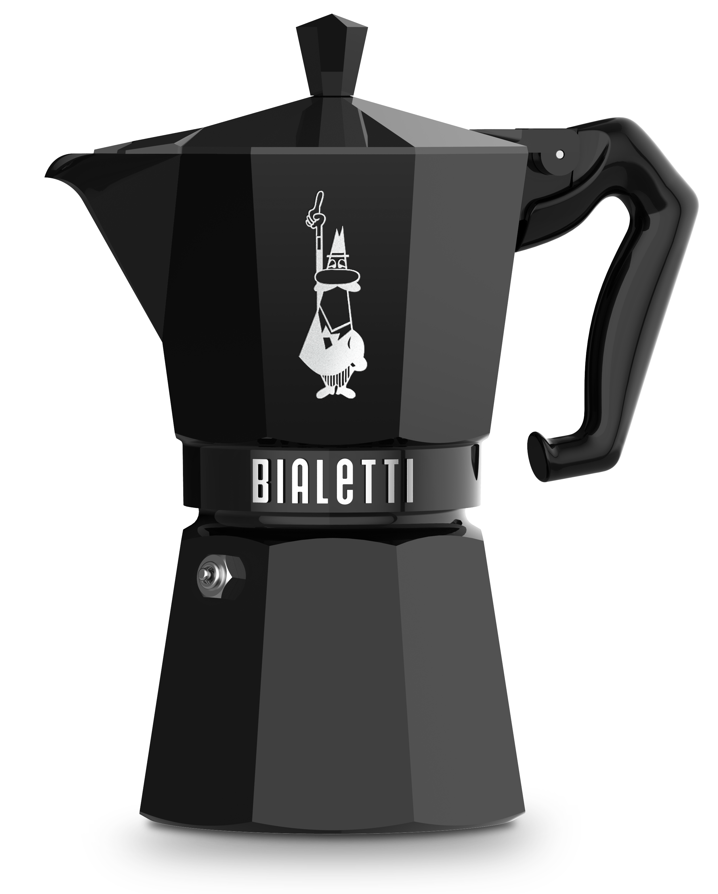 Schwarze Bialetti-Espressokanne. Weißes Bialetti-Logo. Silbernes Band mit Markennamen. Schwarzer Griff und Deckel.
