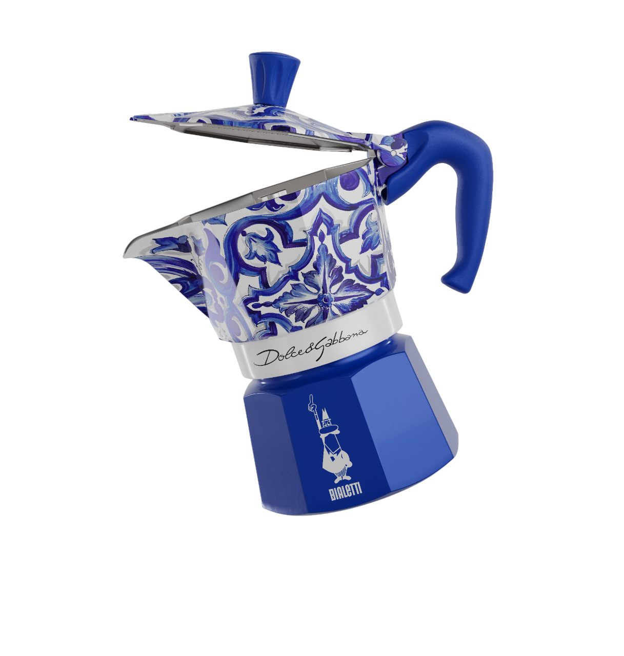 Blau-weiße Dolce & Gabbana Bialetti Kaffeemaschine auf schwarzem Hintergrund.