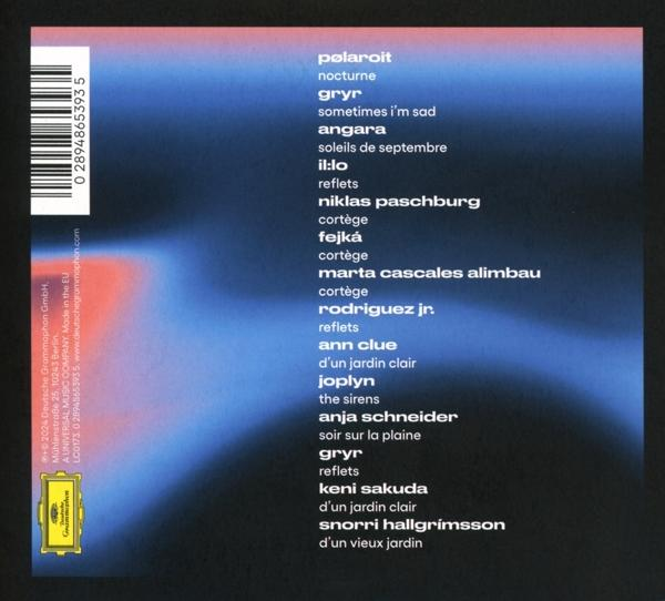 Rückseite einer CD mit Titelliste. Verschiedene Künstlernamen und Songtitel, mit blauem und lila Farbverlauf.