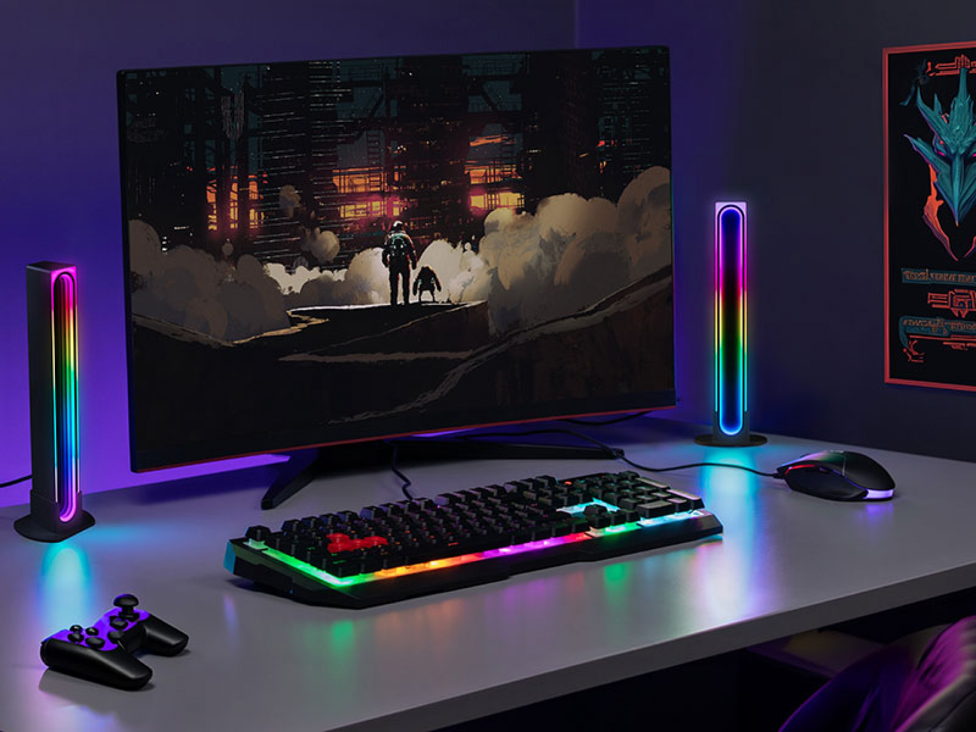 Játékbeállítás ívelt monitorral, billentyűzettel, két fénysávval és gamepad-del szürke asztalon.