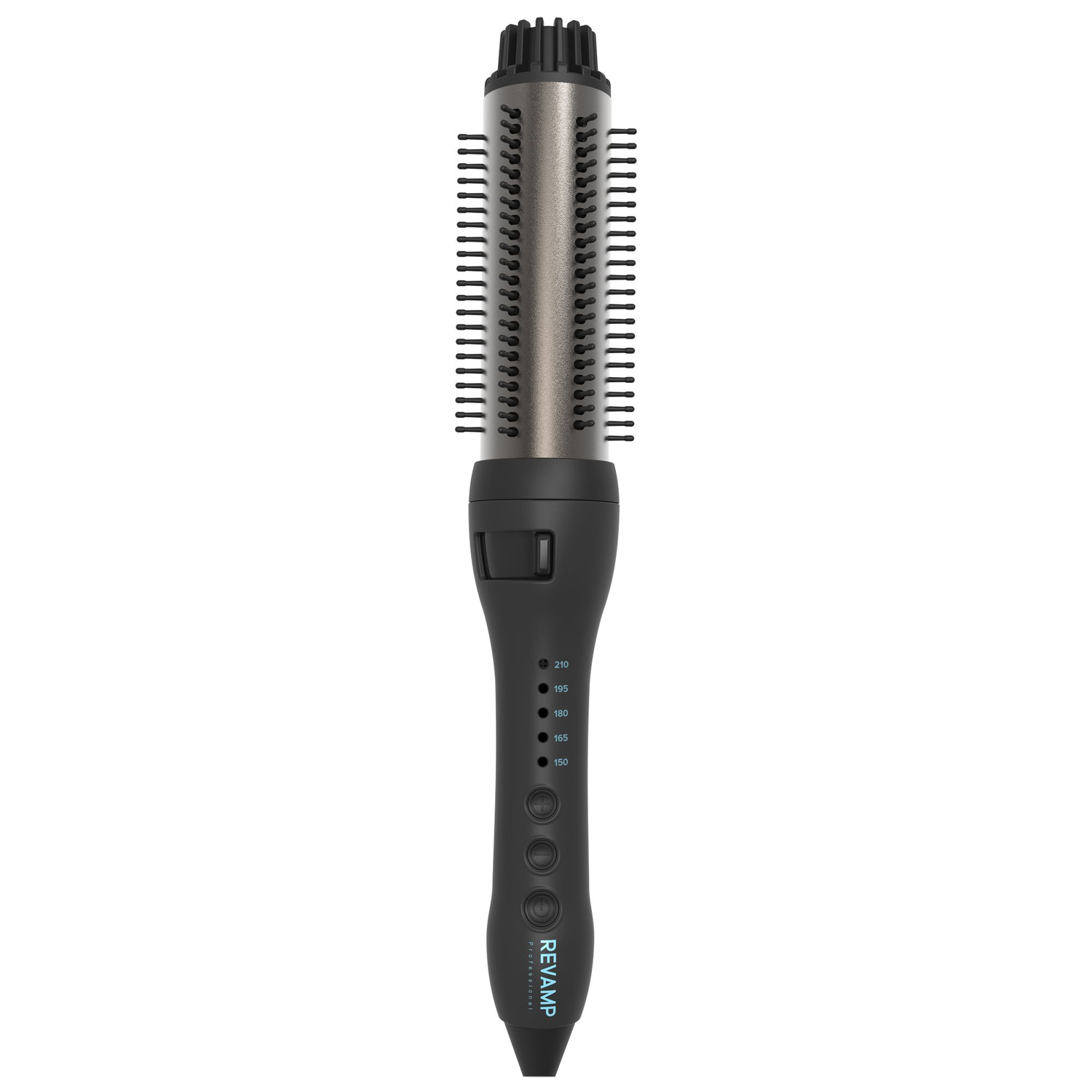 Black and silver hair styling brush with temperature settings.