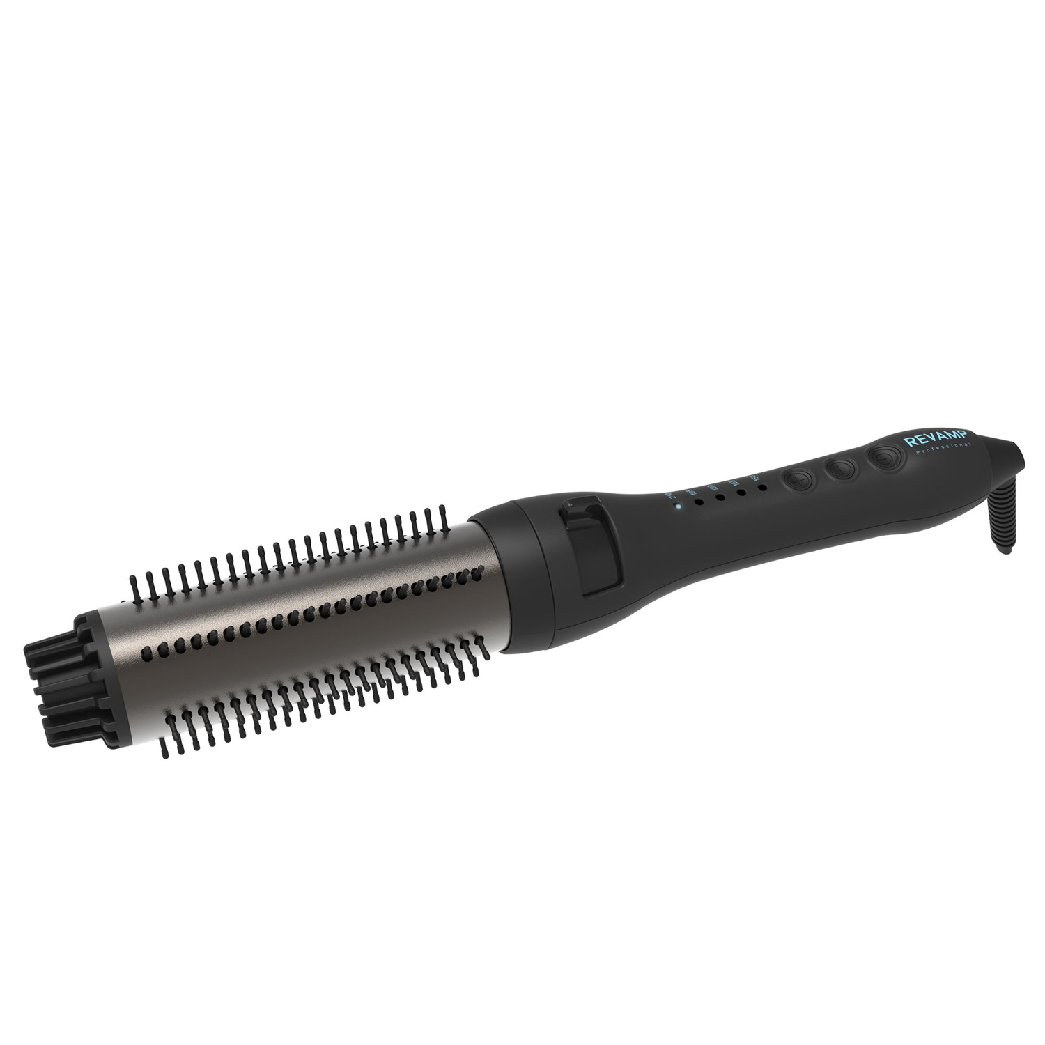 A black and metallic hair styling brush. The brush has a rotating barrel and bristles.