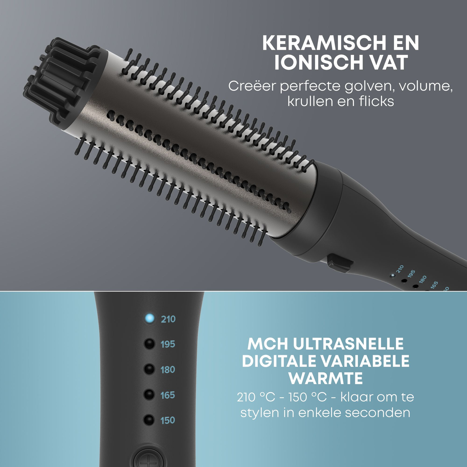 Hair styling brush with digital temperature settings. Cool blue light.