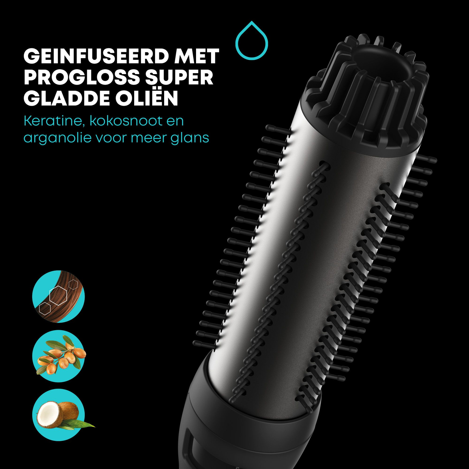 Hair styler with text in Hungarian about oils, with icons of keratin, coconut, and argan.