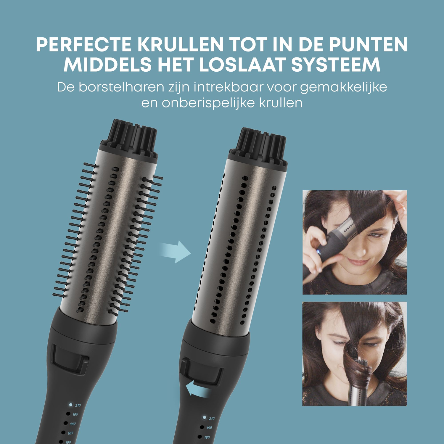 Hair curling device with two views: closed and open, with a woman using it.
