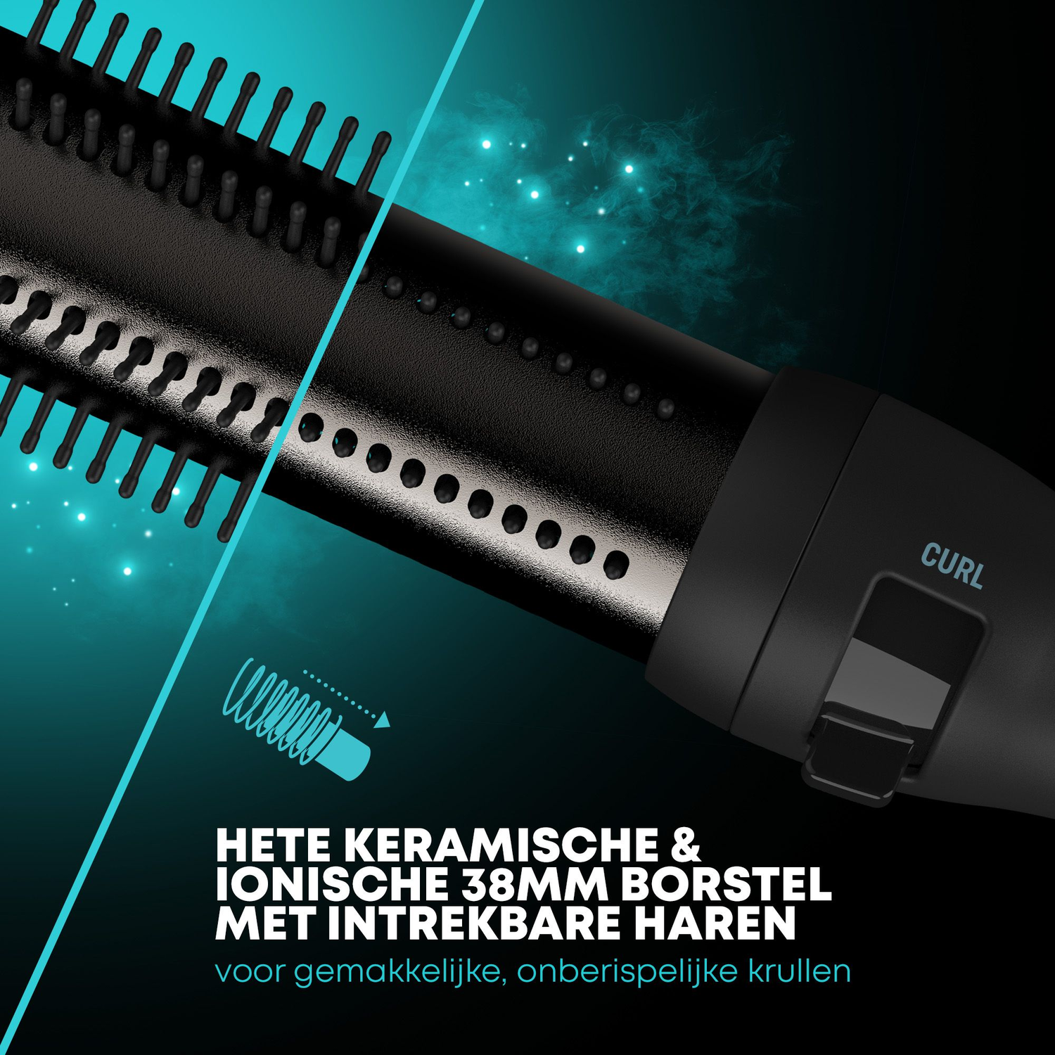 Close-up of a hair curler. The curler is black with a handle and the word curl.