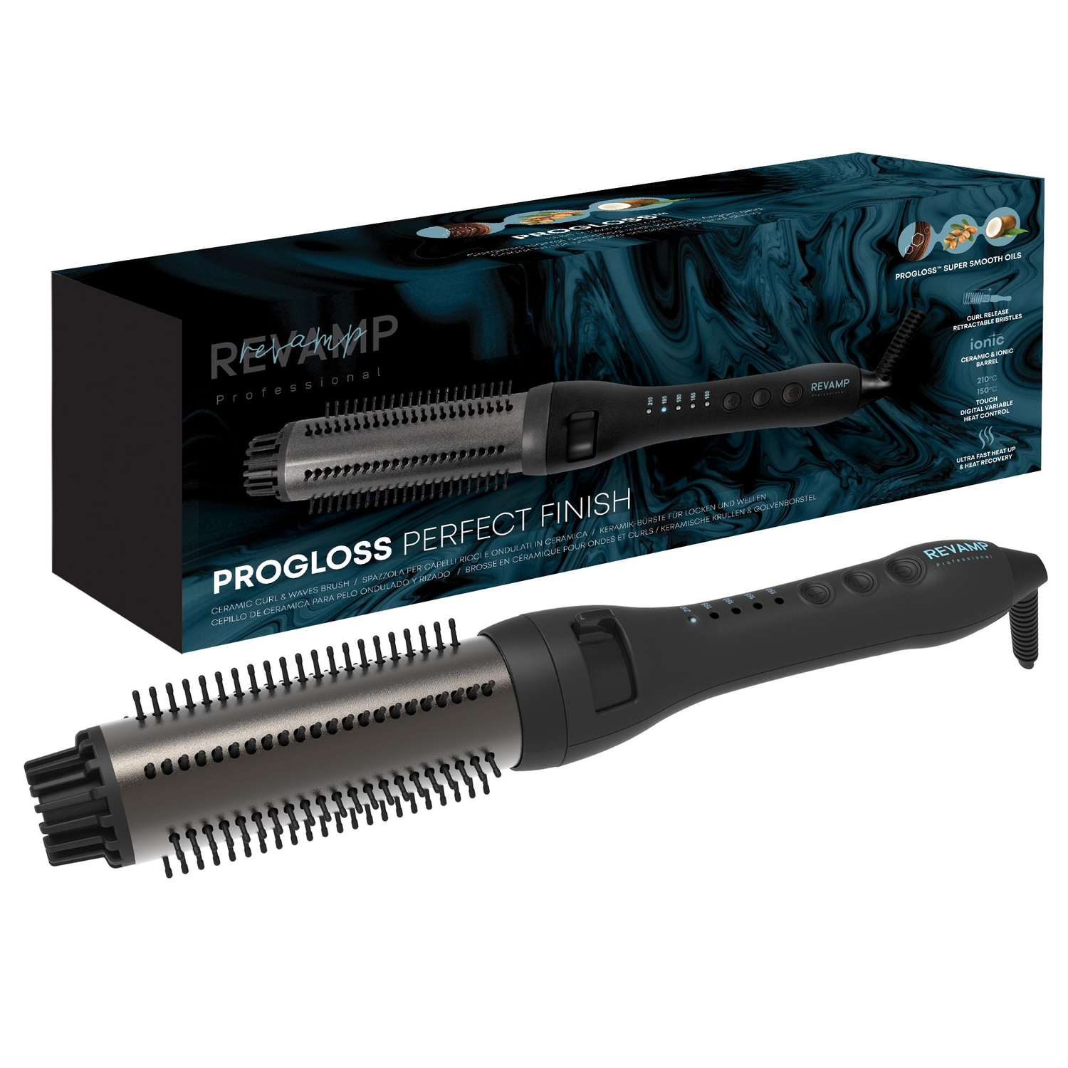 Revamp hair brush and box. Black brush with a curved head, with the brand's packaging.