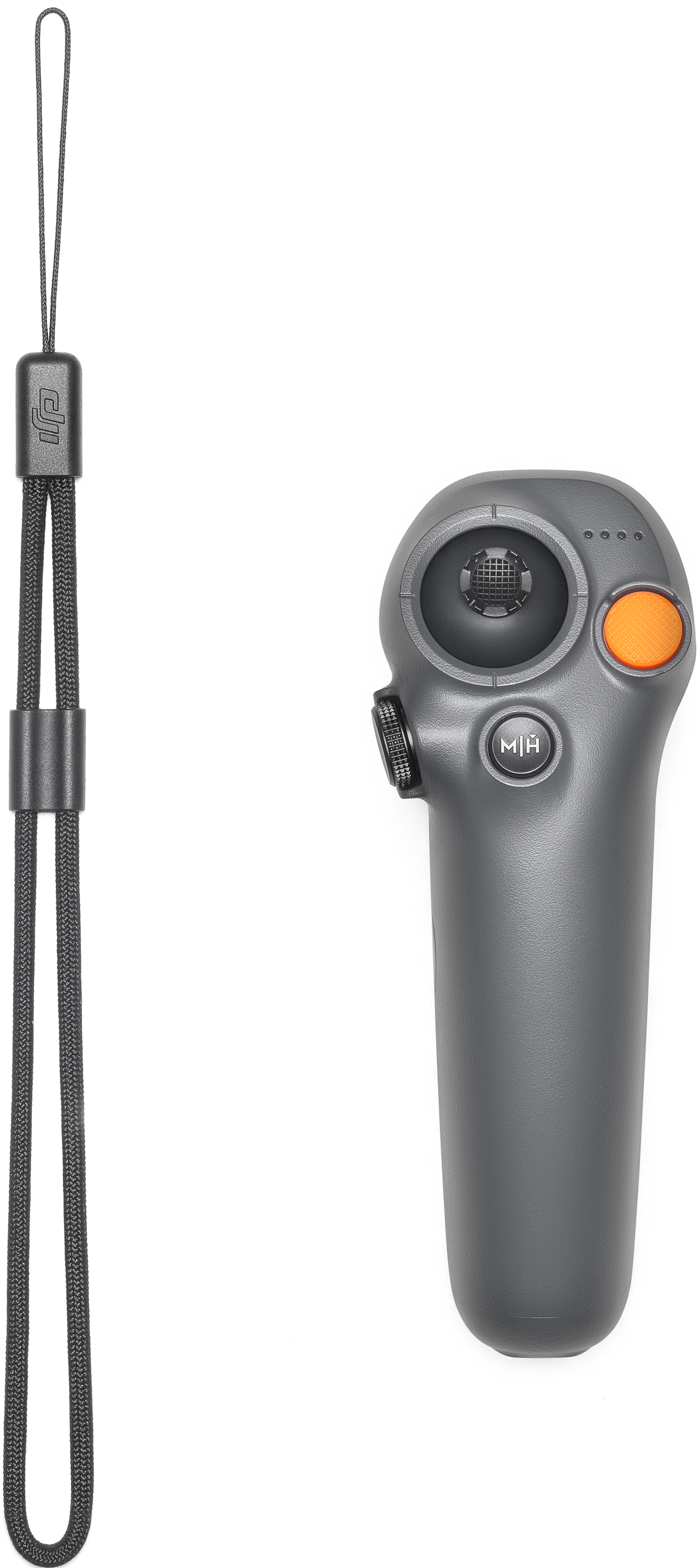 Télécommande de drone DJI gris foncé. Comprend un bouton orange, plusieurs boutons et une dragonne.