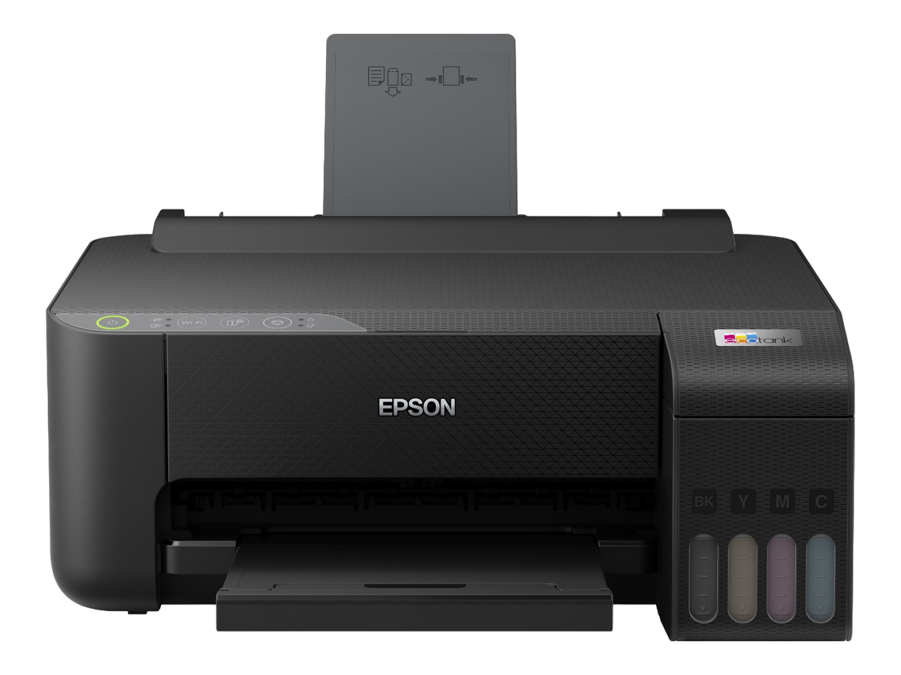 Schwarzer Epson-Drucker mit Farbtintentanks, druckbereit.