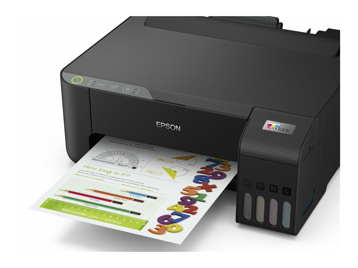 Ein Epson-Drucker mit einem gedruckten Dokument, das Zahlen und ein farbenfrohes Diagramm zeigt.