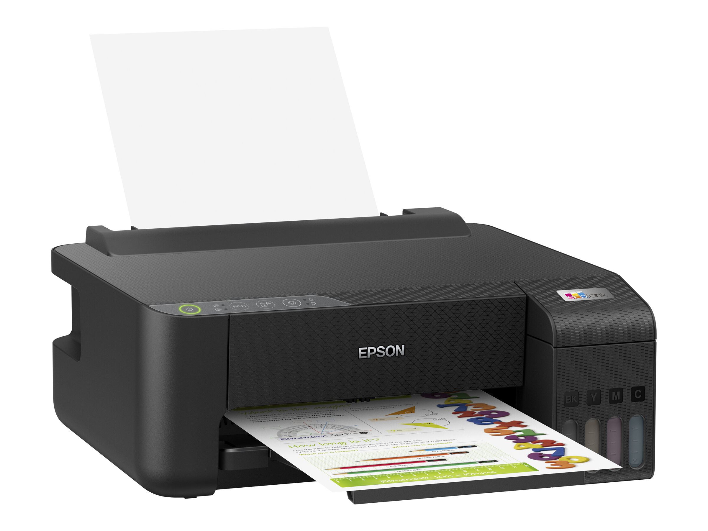 Schwarzer EPSON-Drucker druckt eine Seite mit farbigem Diagramm.