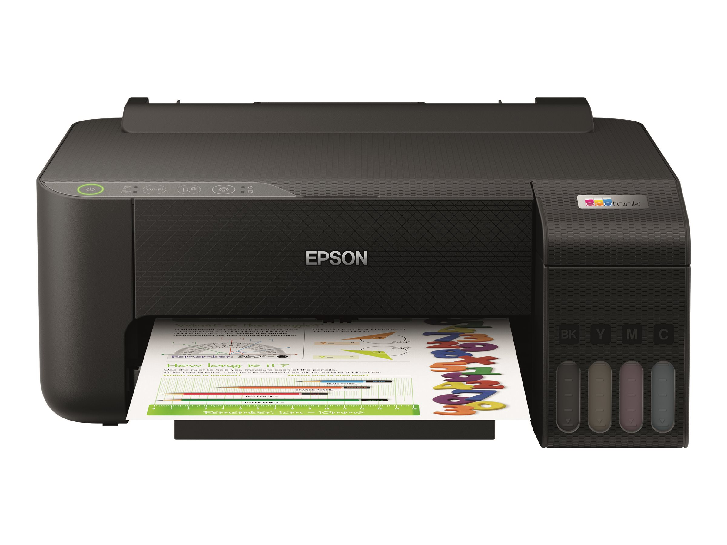 Epson-Drucker mit Papier, das eine farbenfrohe Lerntafel ausgibt, vor weißem Hintergrund.